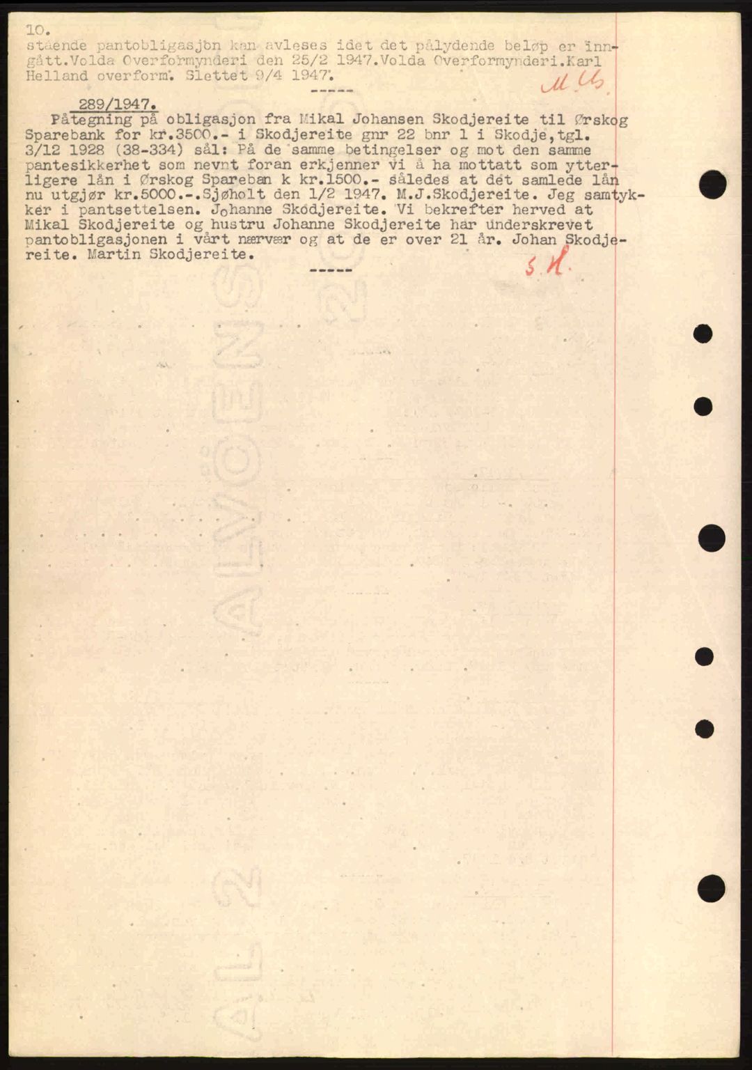 Nordre Sunnmøre sorenskriveri, SAT/A-0006/1/2/2C/2Ca: Mortgage book no. B6-14 a, 1942-1945, Diary no: : 289/1947