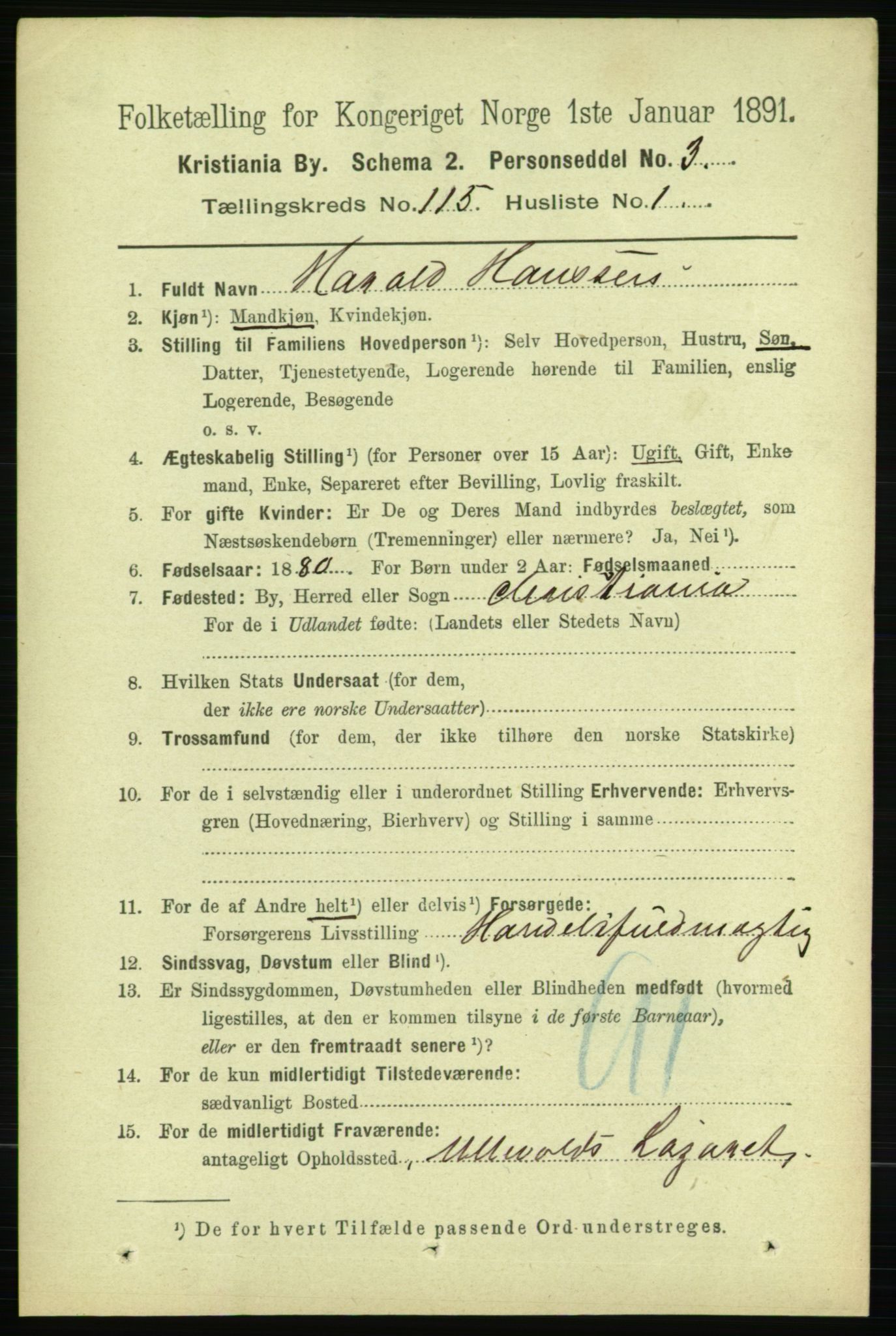 RA, 1891 census for 0301 Kristiania, 1891, p. 61613