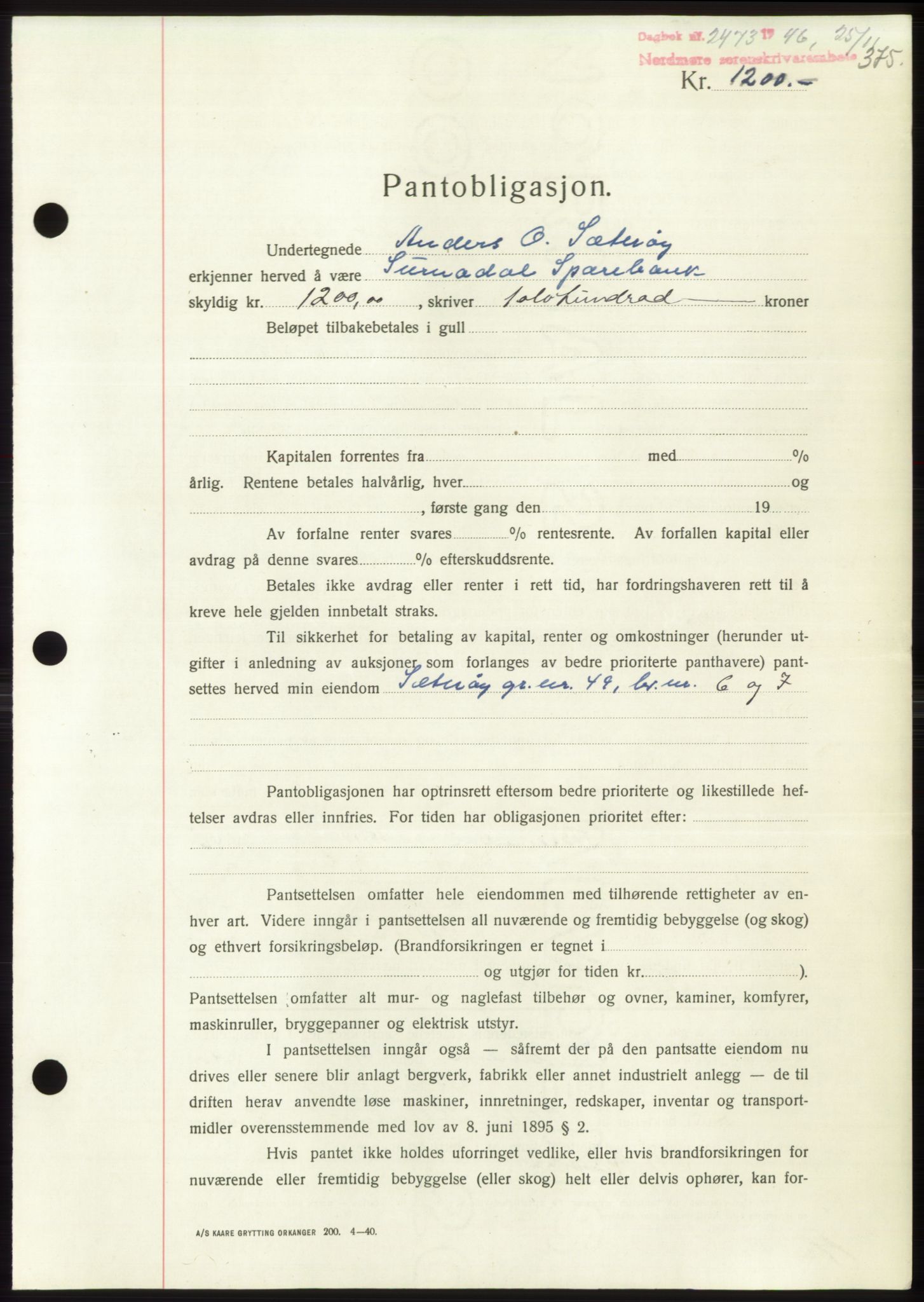 Nordmøre sorenskriveri, AV/SAT-A-4132/1/2/2Ca: Mortgage book no. B95, 1946-1947, Diary no: : 2473/1946