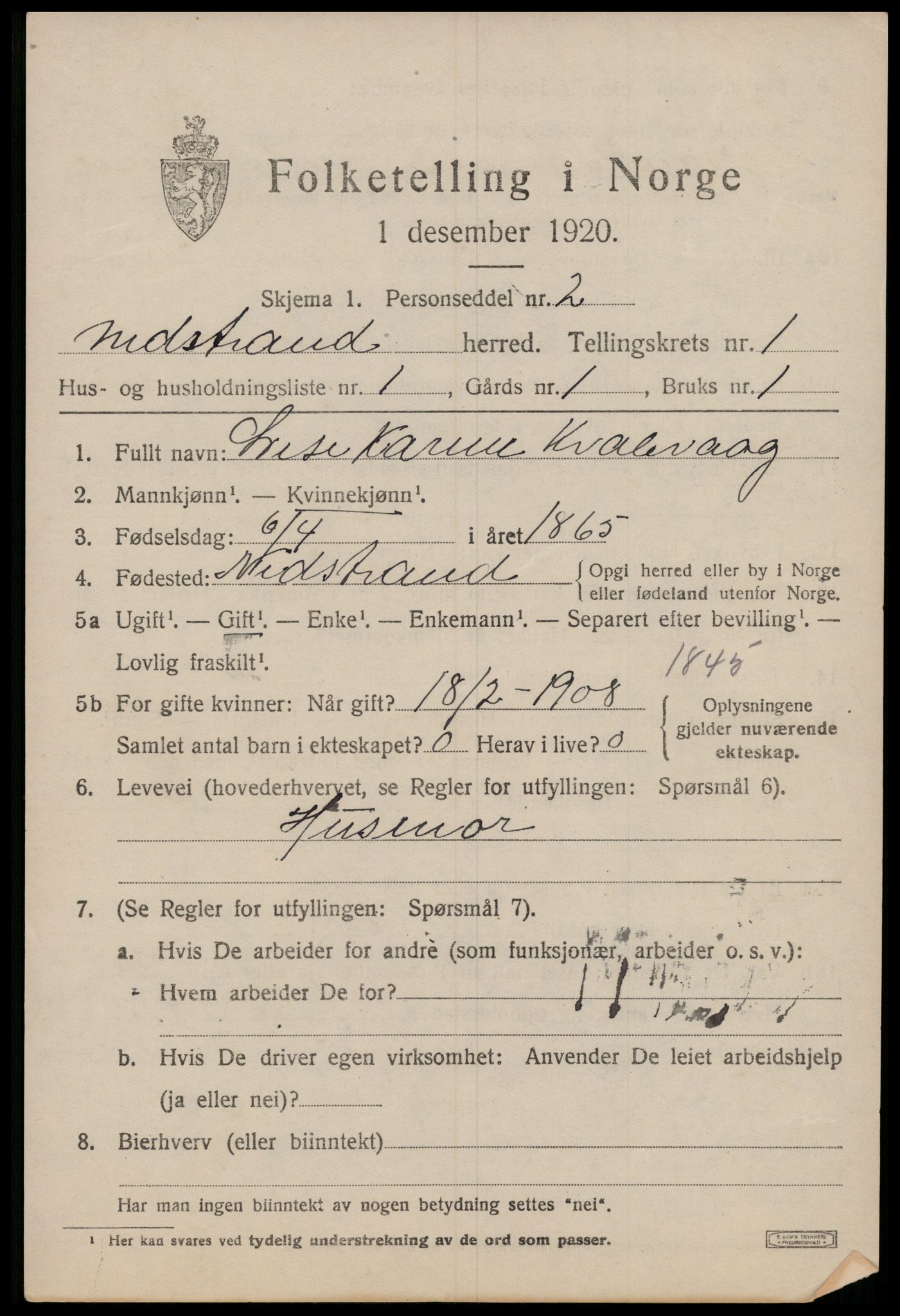 SAST, 1920 census for Nedstrand, 1920, p. 611