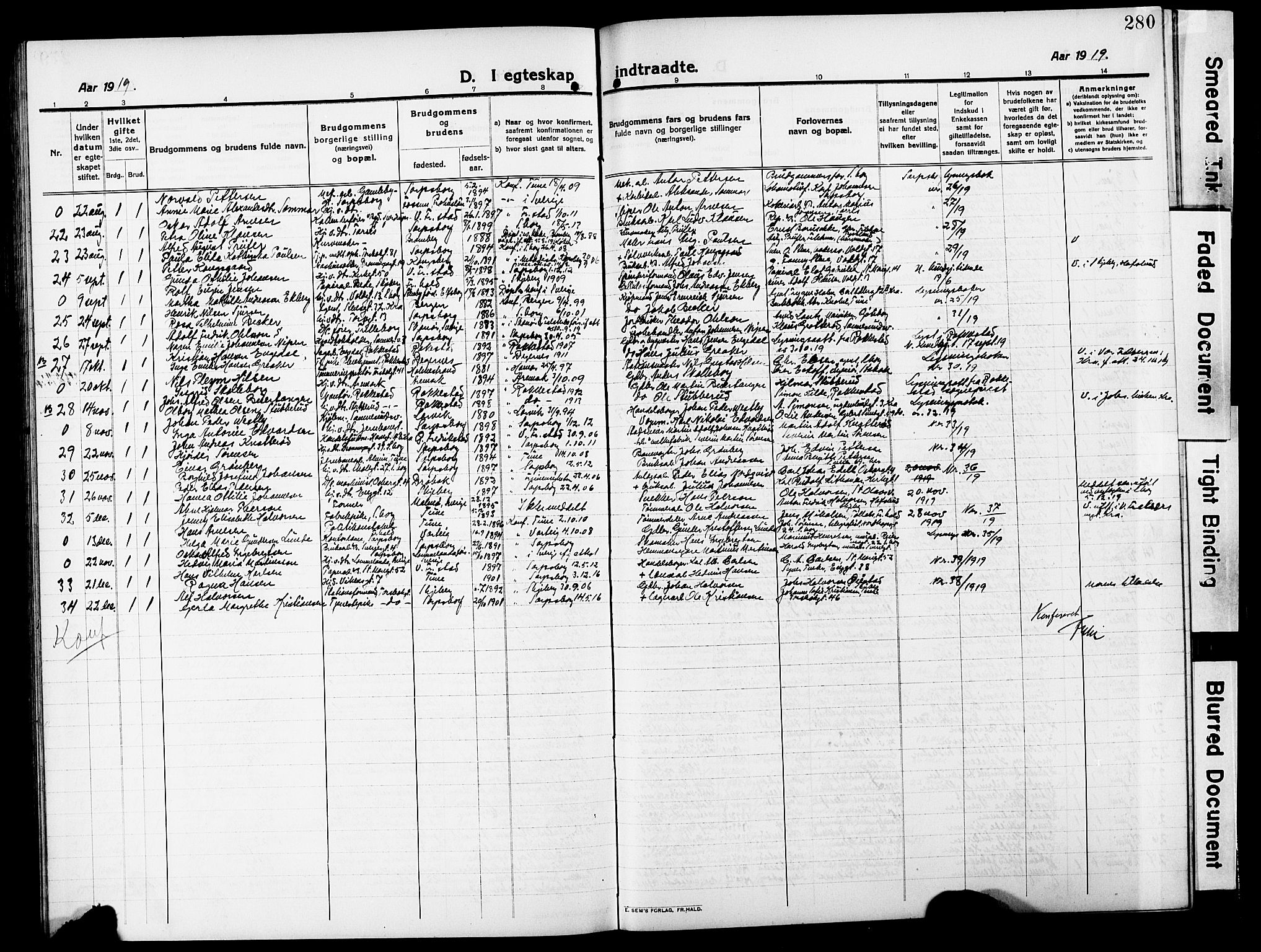 Sarpsborg prestekontor Kirkebøker, SAO/A-2006/G/Ga/L0002: Parish register (copy) no. 2, 1912-1931, p. 280