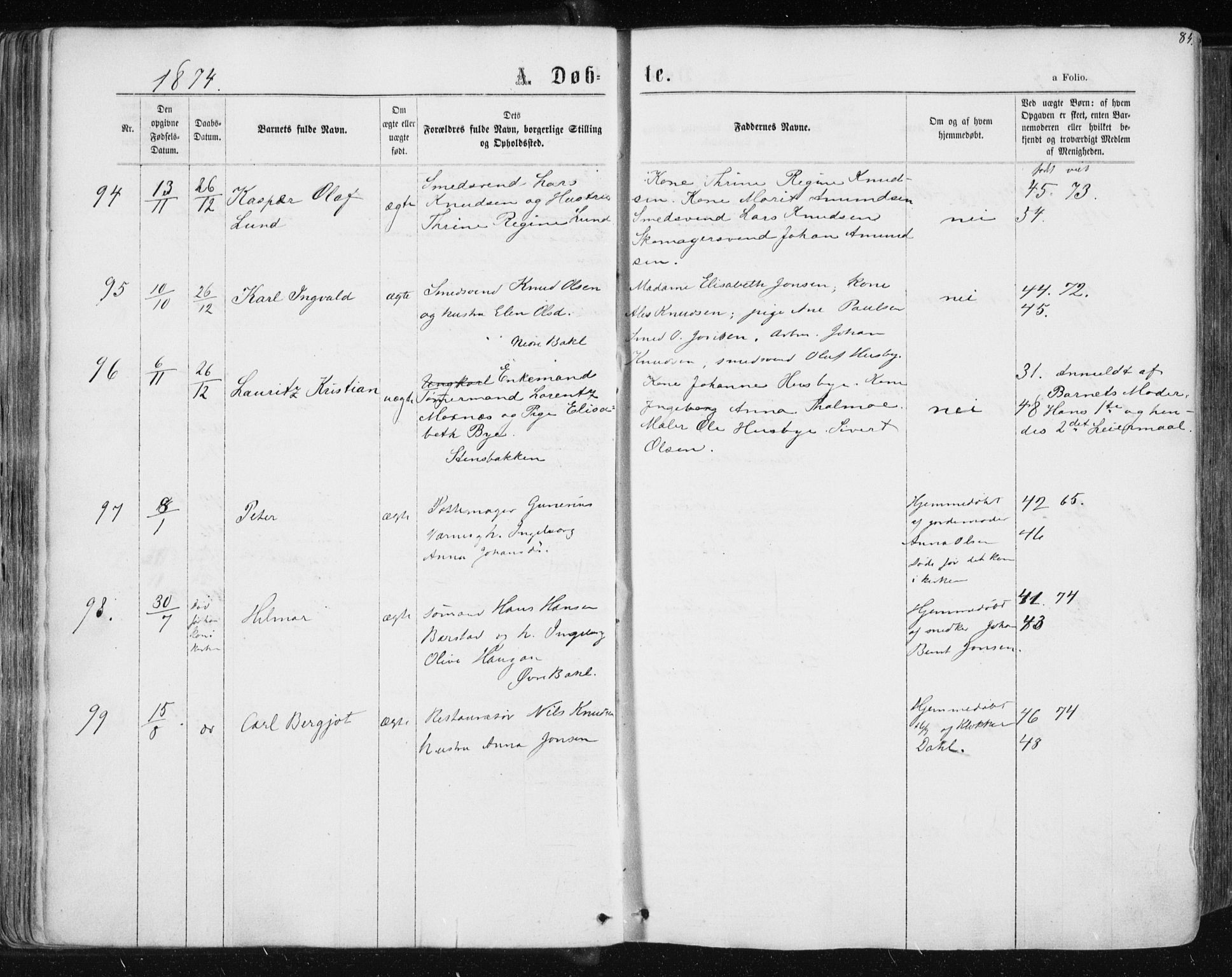 Ministerialprotokoller, klokkerbøker og fødselsregistre - Sør-Trøndelag, SAT/A-1456/604/L0186: Parish register (official) no. 604A07, 1866-1877, p. 84