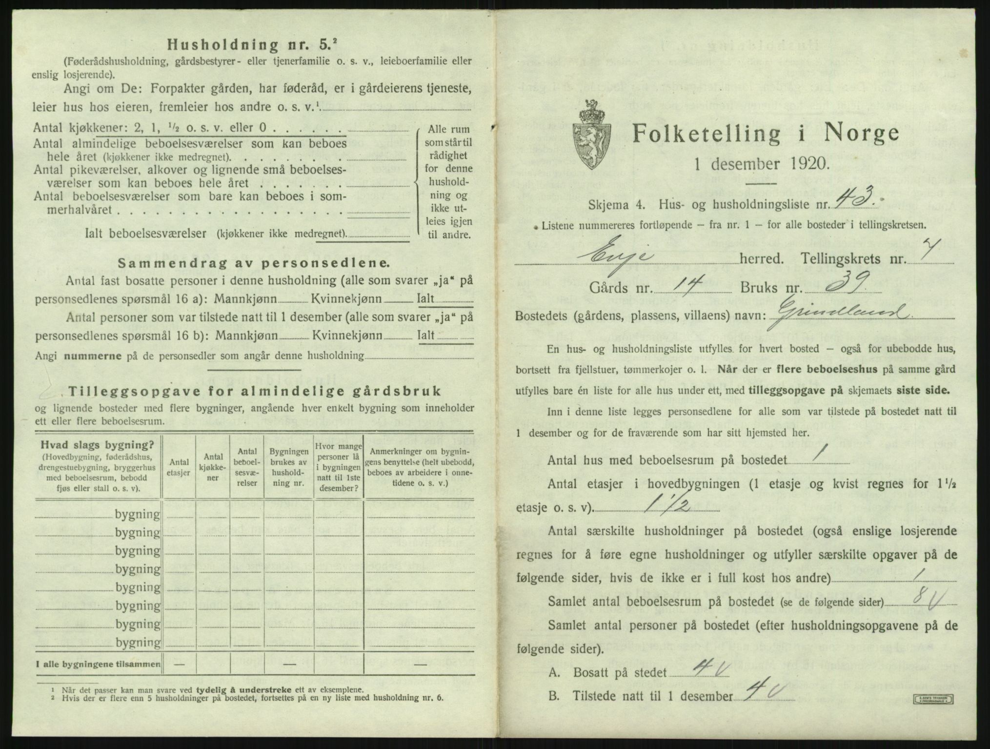 SAK, 1920 census for Evje, 1920, p. 426