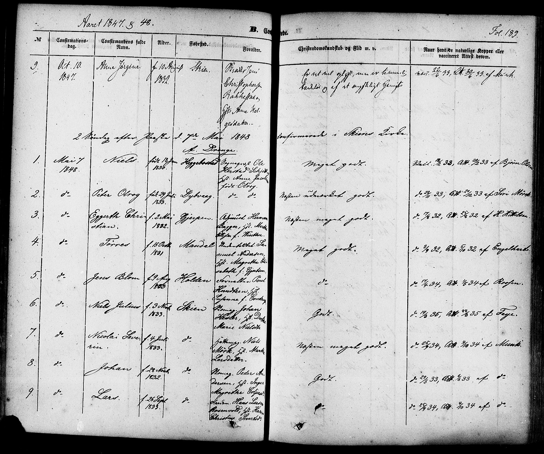 Skien kirkebøker, SAKO/A-302/F/Fa/L0006a: Parish register (official) no. 6A, 1843-1856, p. 189