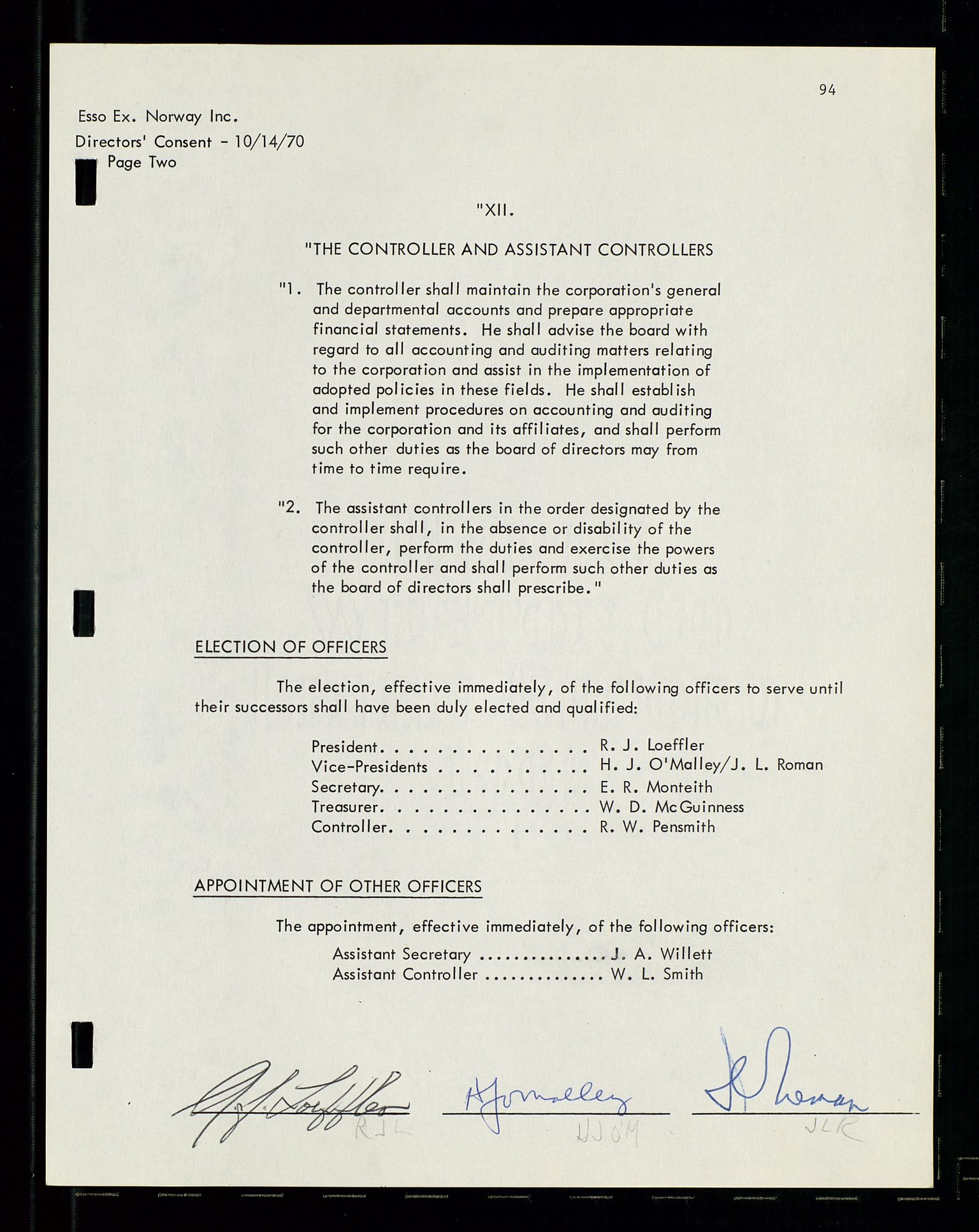 Pa 1512 - Esso Exploration and Production Norway Inc., AV/SAST-A-101917/A/Aa/L0001/0001: Styredokumenter / Corporate records, By-Laws, Board meeting minutes, Incorporations, 1965-1975, p. 94