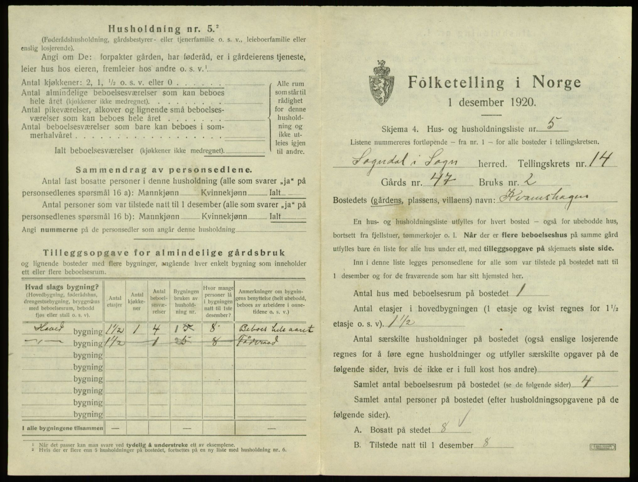 SAB, 1920 census for Sogndal, 1920, p. 790