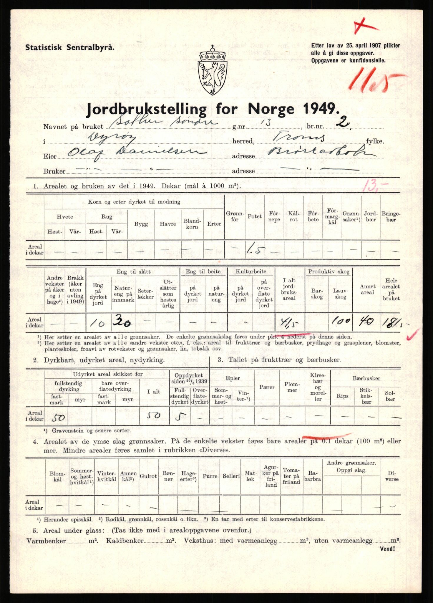 Statistisk sentralbyrå, Næringsøkonomiske emner, Jordbruk, skogbruk, jakt, fiske og fangst, AV/RA-S-2234/G/Gc/L0440: Troms: Sørreisa og Dyrøy, 1949, p. 1519