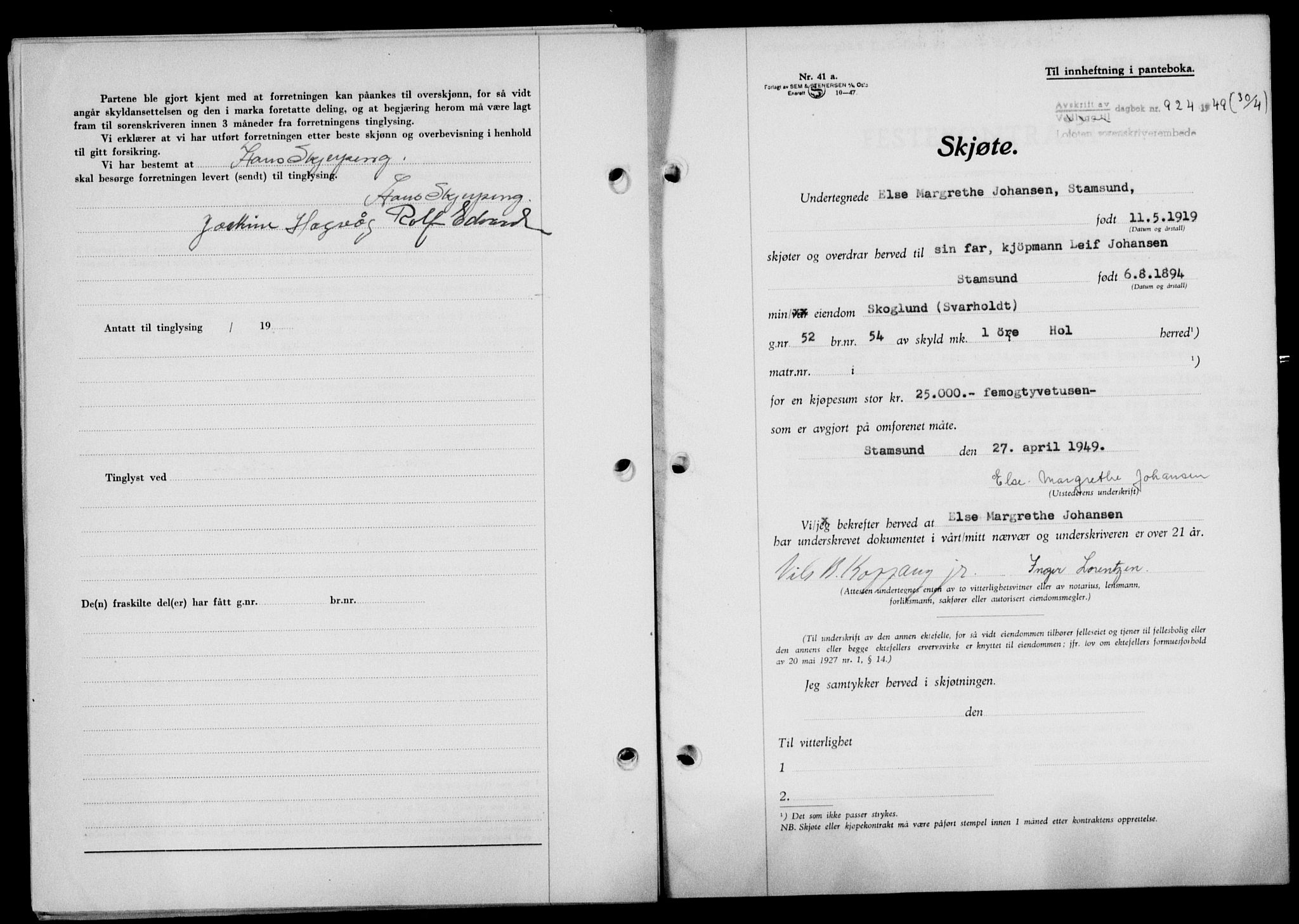 Lofoten sorenskriveri, SAT/A-0017/1/2/2C/L0020a: Mortgage book no. 20a, 1948-1949, Diary no: : 924/1949
