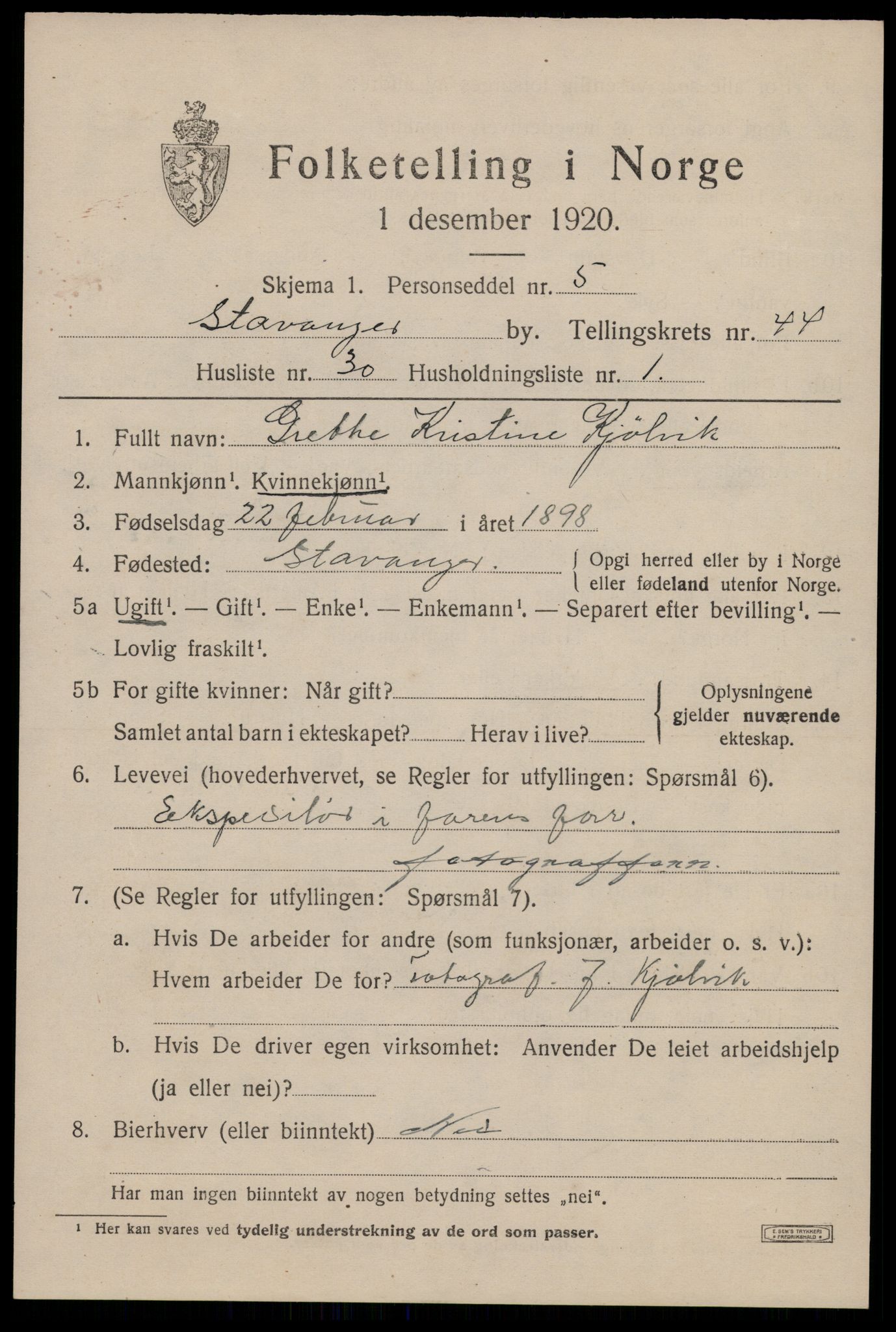 SAST, 1920 census for Stavanger, 1920, p. 108864