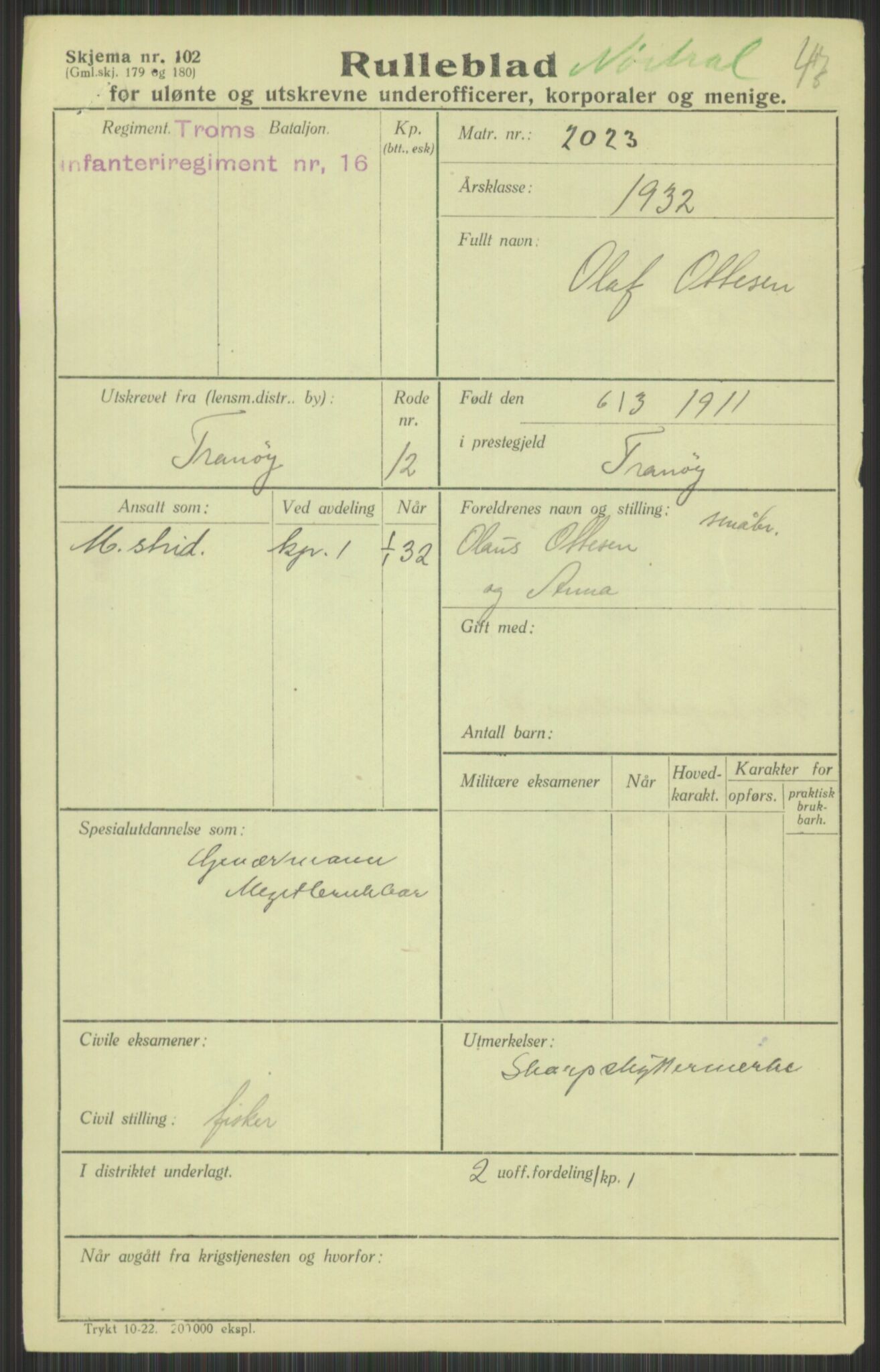 Forsvaret, Troms infanteriregiment nr. 16, AV/RA-RAFA-3146/P/Pa/L0016: Rulleblad for regimentets menige mannskaper, årsklasse 1932, 1932, p. 1273