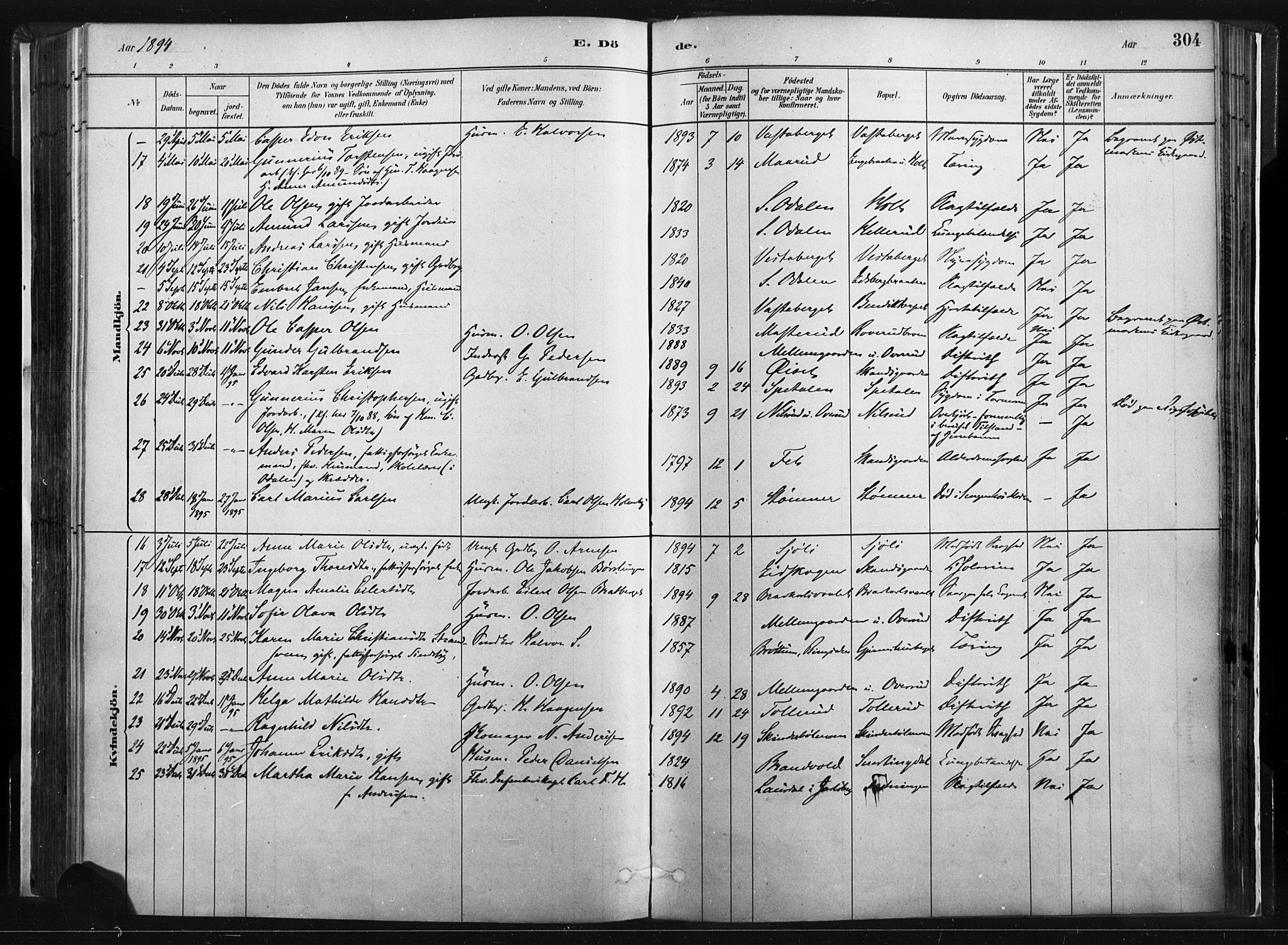 Vinger prestekontor, AV/SAH-PREST-024/H/Ha/Haa/L0014: Parish register (official) no. 14, 1881-1900, p. 304