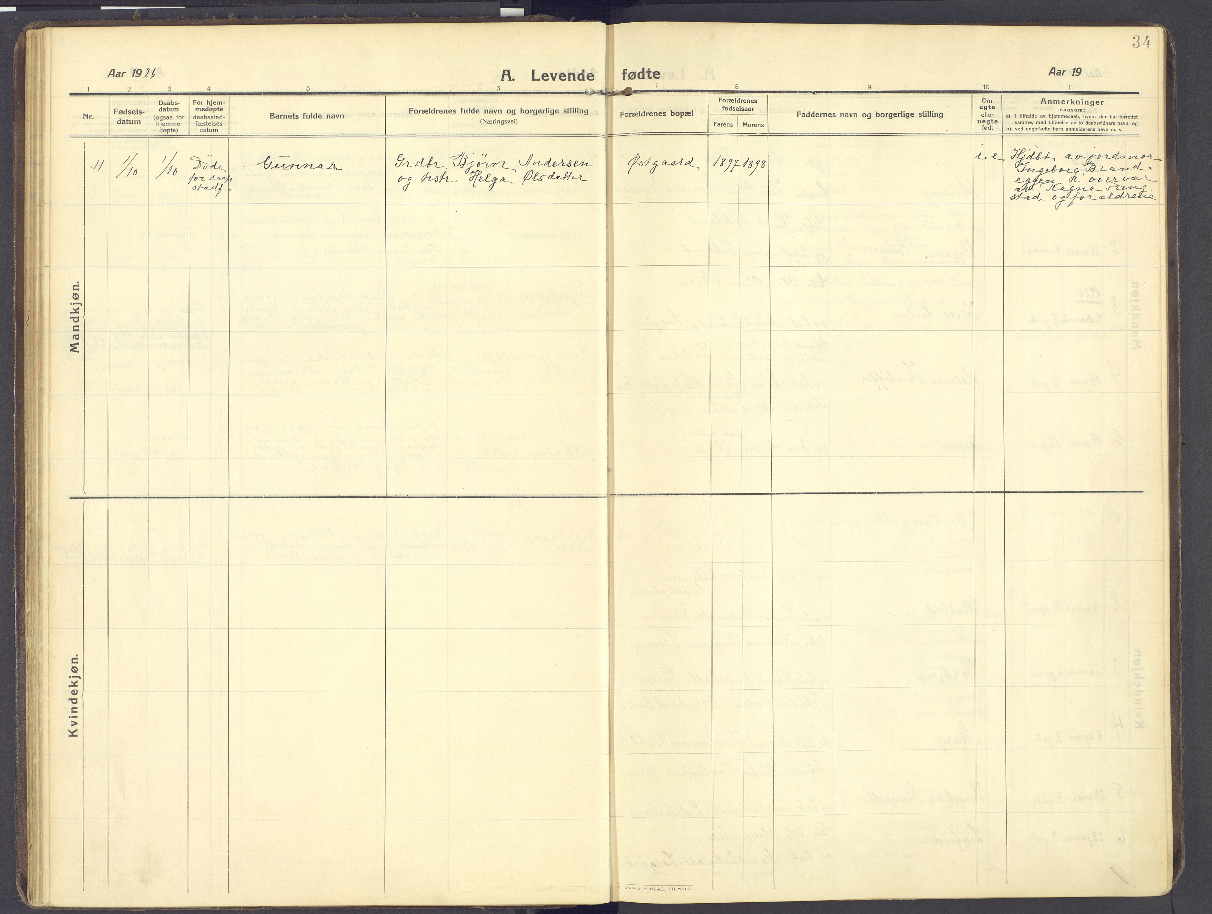 Kvikne prestekontor, SAH/PREST-064/H/Ha/Haa/L0009: Parish register (official) no. 9, 1911-1942, p. 34