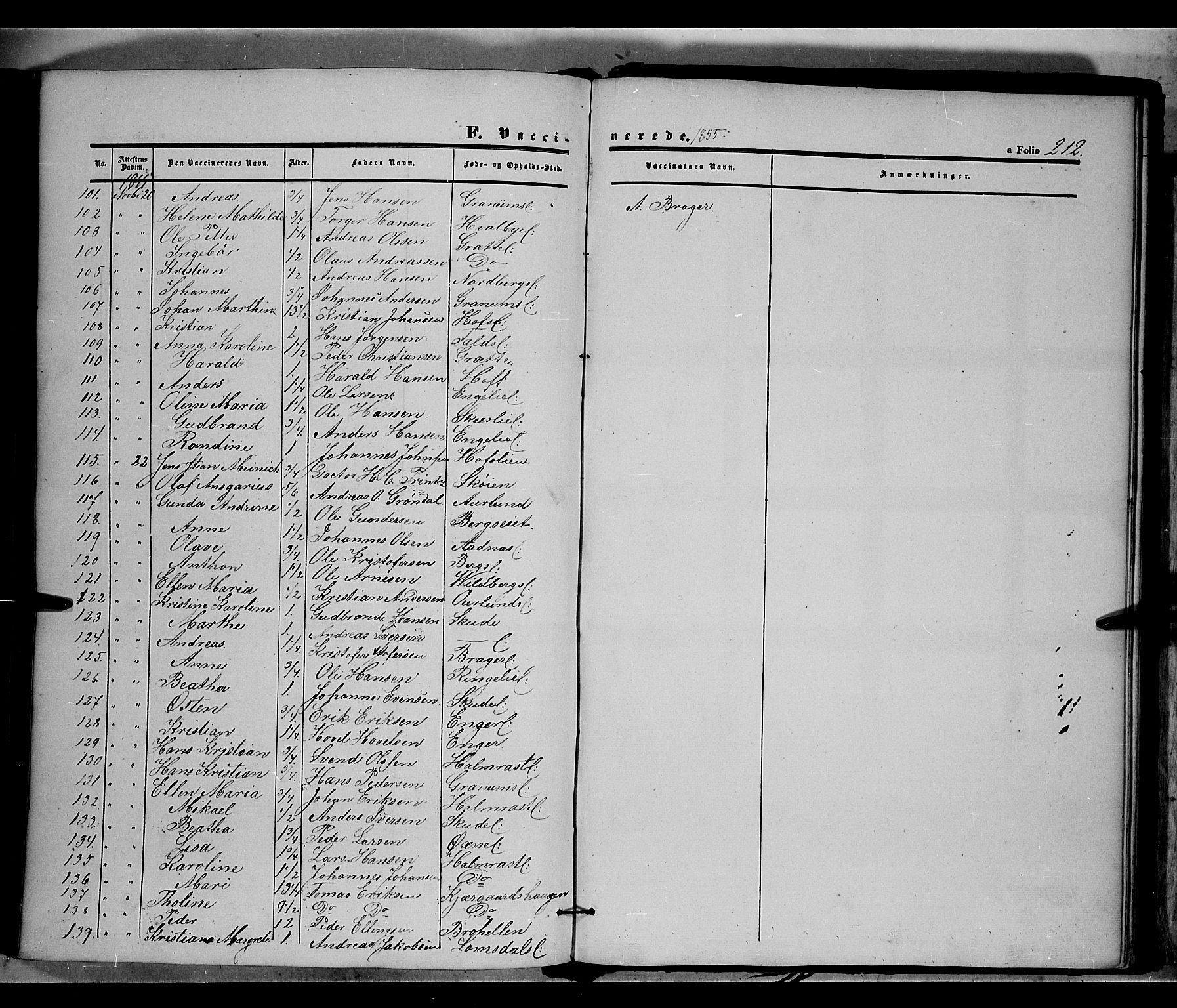 Land prestekontor, SAH/PREST-120/H/Ha/Haa/L0009: Parish register (official) no. 9, 1847-1859, p. 212