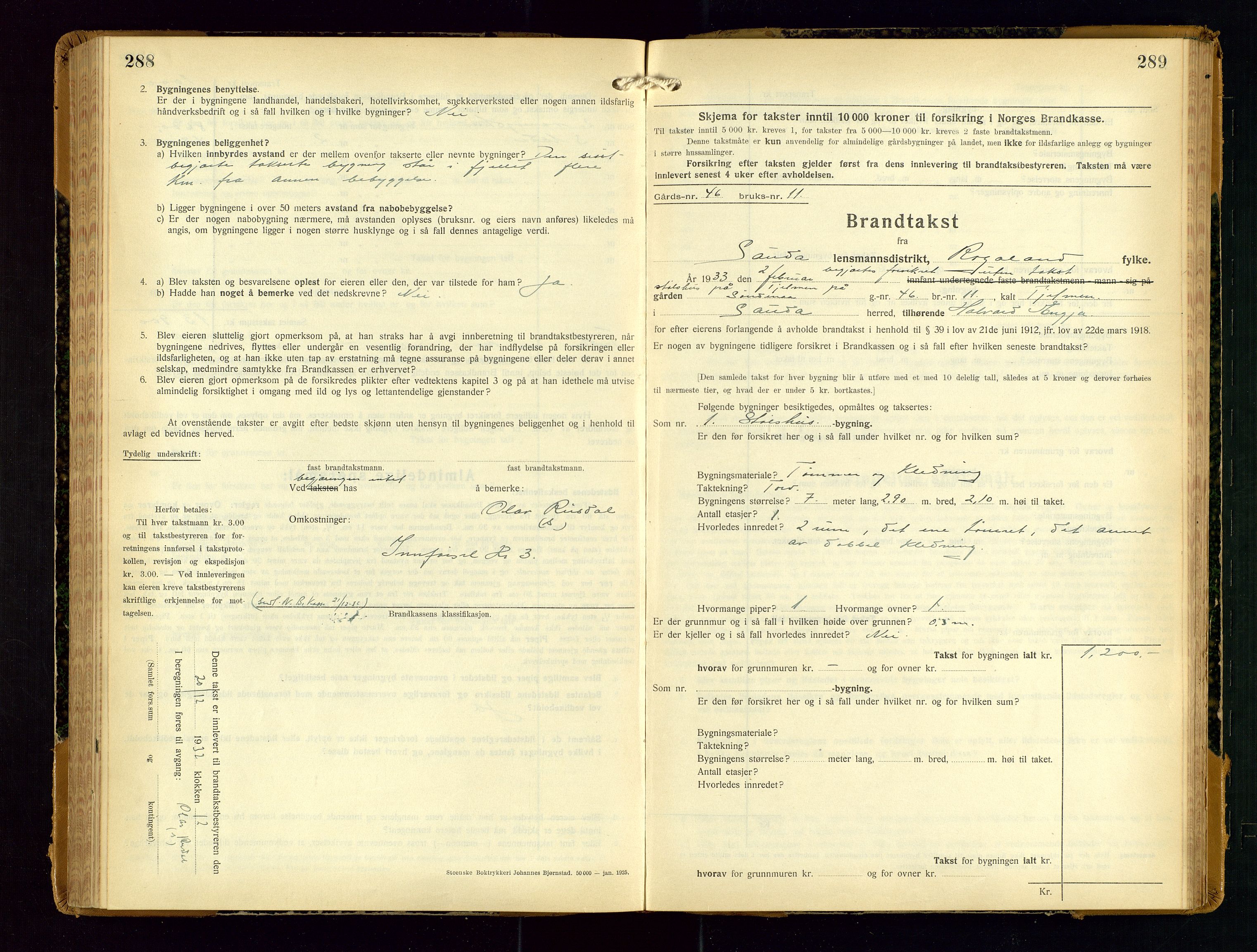 Sauda lensmannskontor, SAST/A-100177/Gob/L0003: Branntakstprotokoll - skjematakst, 1928-1936, p. 288-289