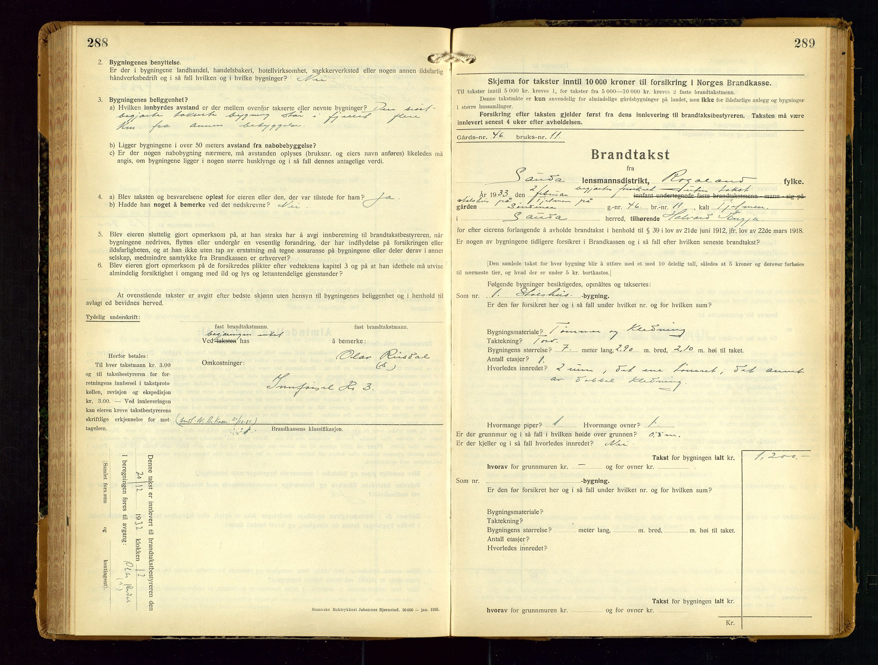 Sauda lensmannskontor, AV/SAST-A-100177/Gob/L0003: Branntakstprotokoll - skjematakst, 1928-1936, p. 288-289