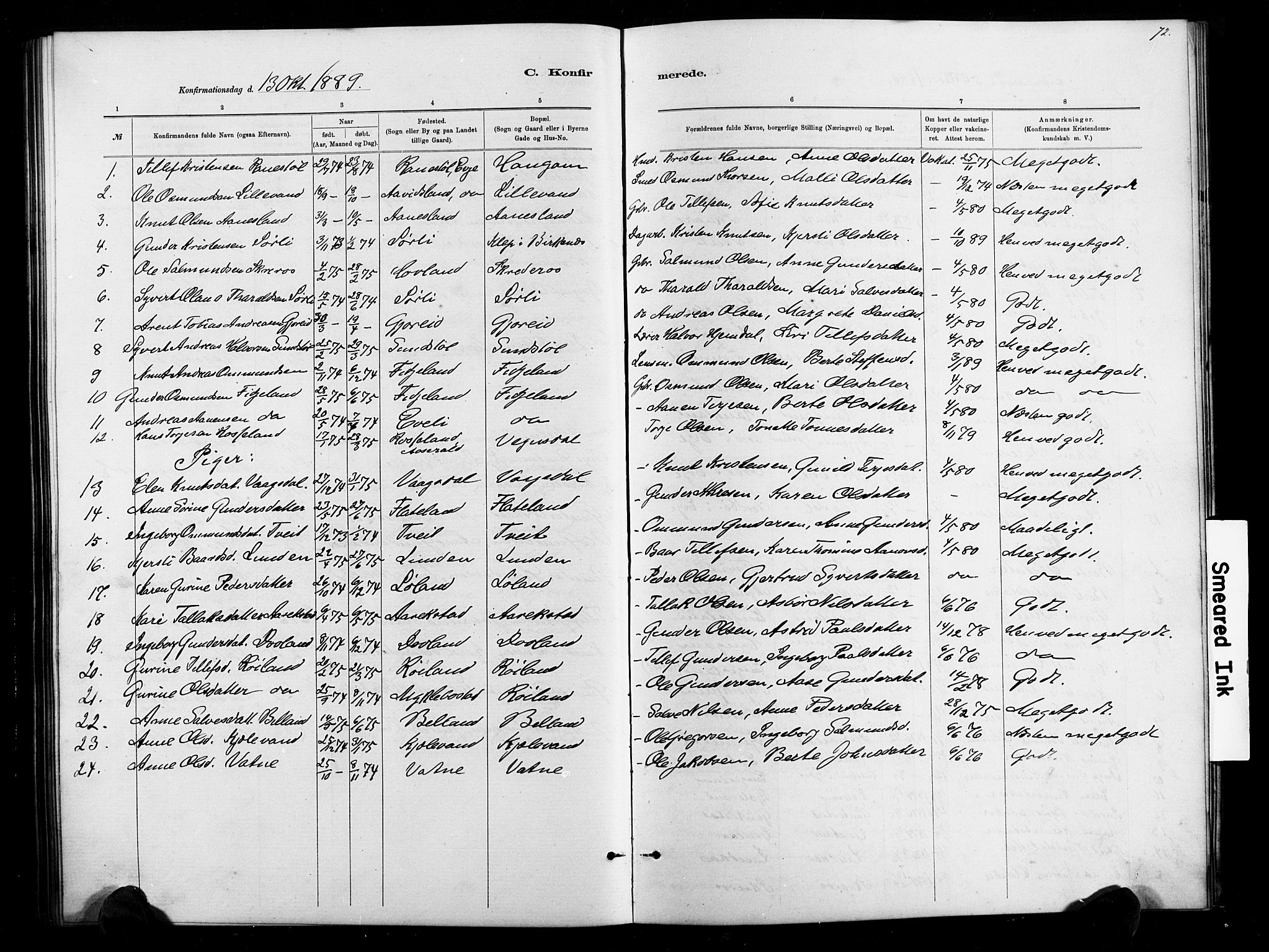 Herefoss sokneprestkontor, AV/SAK-1111-0019/F/Fb/Fbb/L0002: Parish register (copy) no. B 2, 1879-1894, p. 72