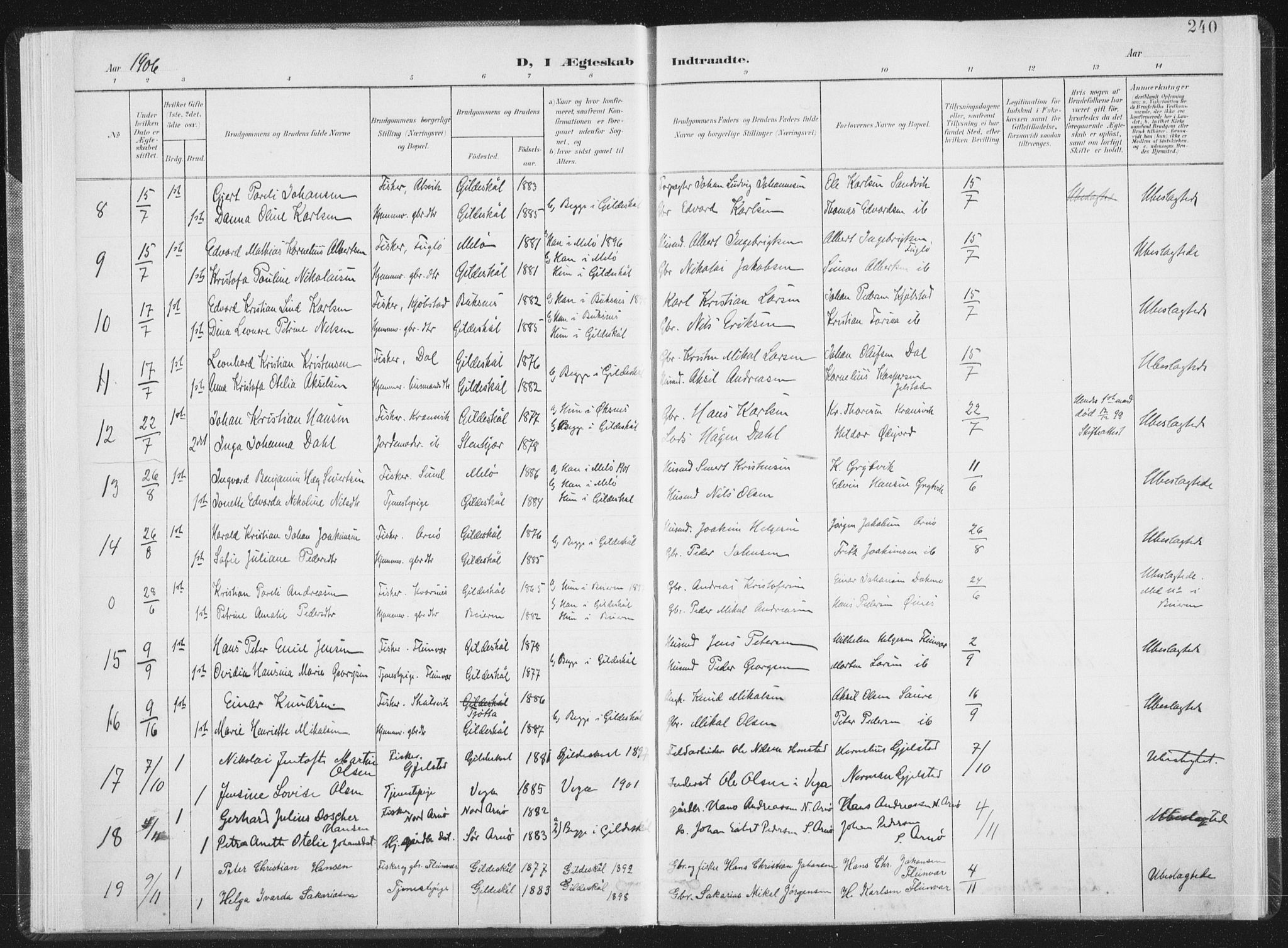 Ministerialprotokoller, klokkerbøker og fødselsregistre - Nordland, SAT/A-1459/805/L0103: Parish register (official) no. 805A08II, 1900-1909, p. 240