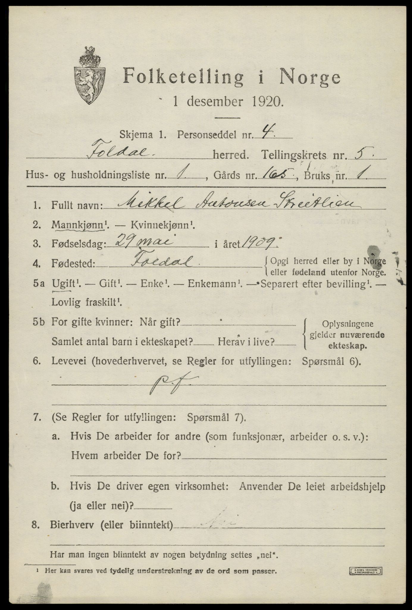 SAH, 1920 census for Folldal, 1920, p. 2989