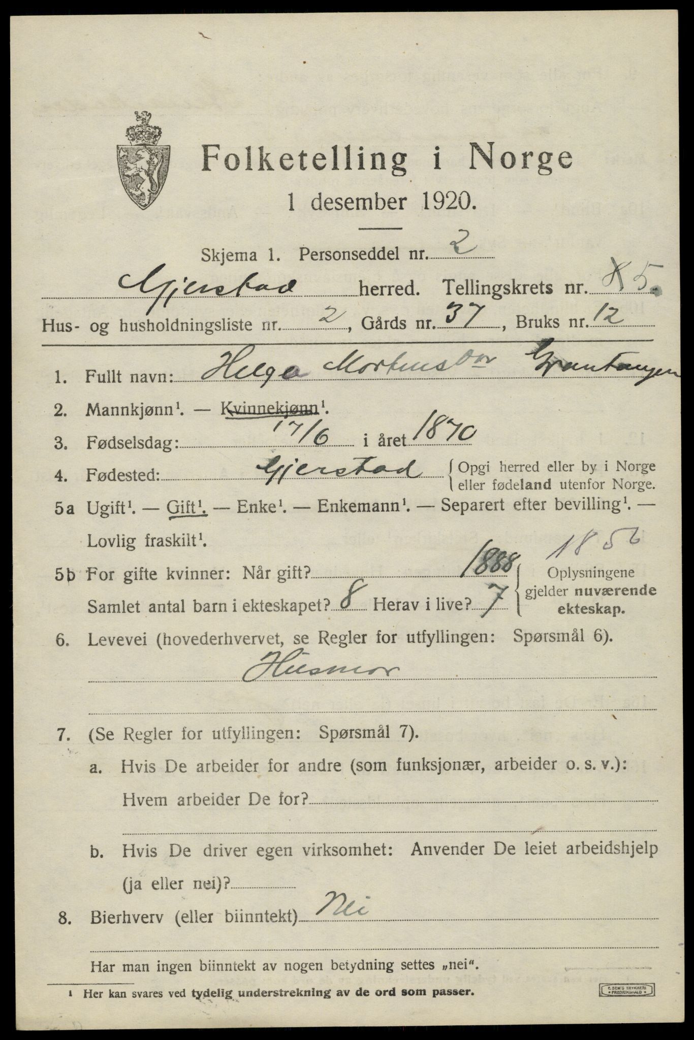 SAK, 1920 census for Gjerstad, 1920, p. 3271