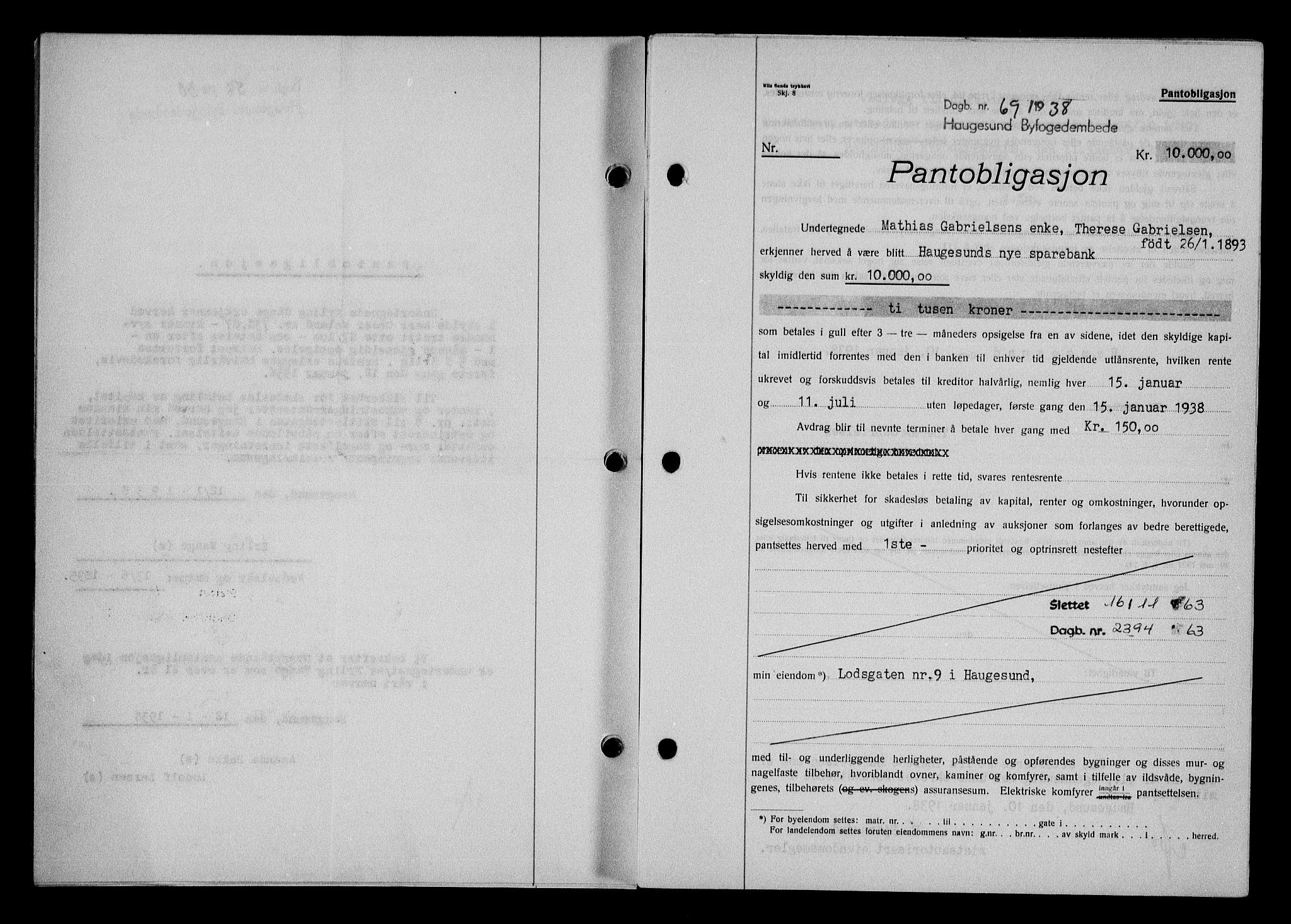 Haugesund tingrett, AV/SAST-A-101415/01/II/IIC/L0031: Mortgage book no. 31, 1936-1938, Diary no: : 69/1938