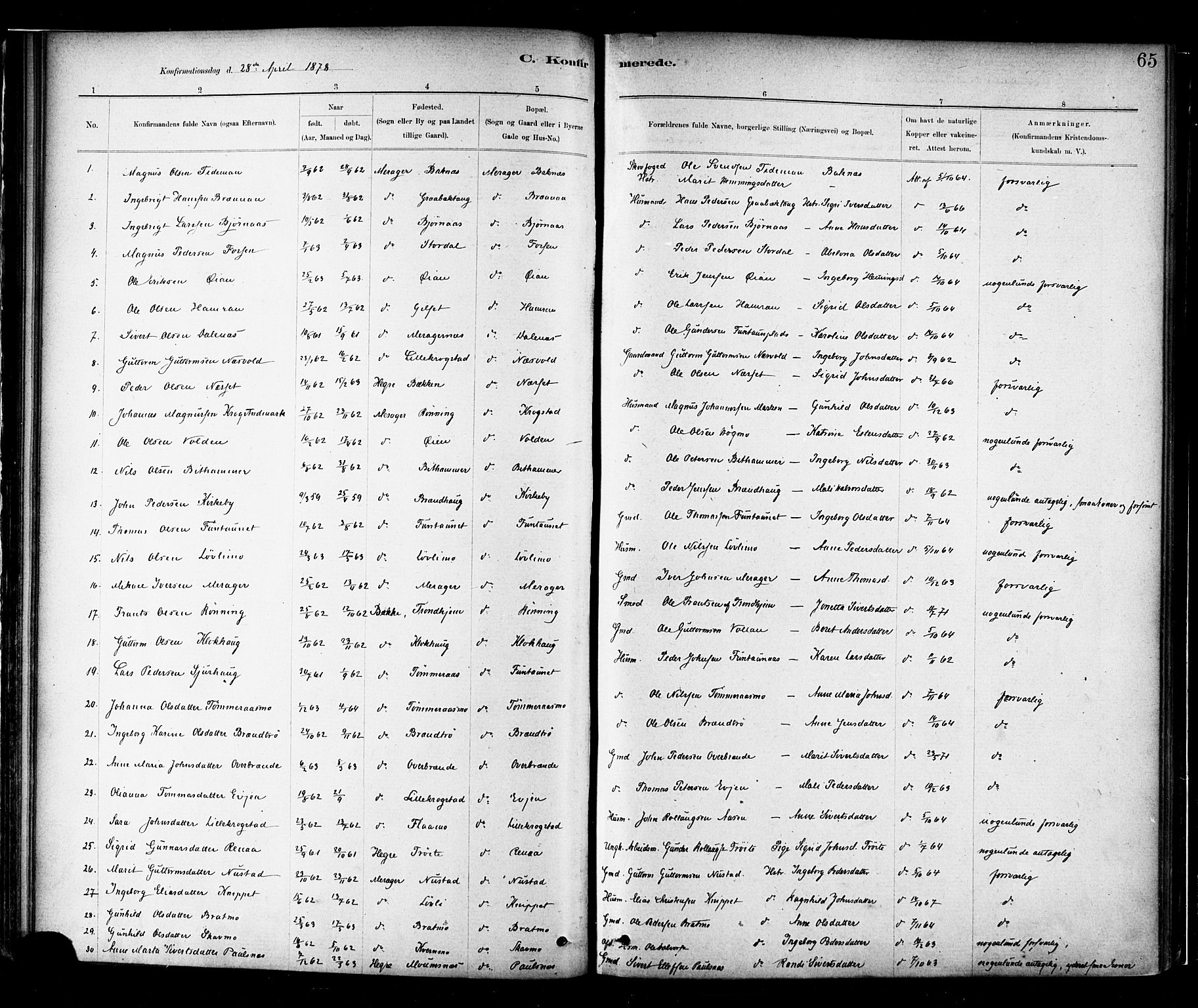 Ministerialprotokoller, klokkerbøker og fødselsregistre - Nord-Trøndelag, SAT/A-1458/706/L0047: Parish register (official) no. 706A03, 1878-1892, p. 65