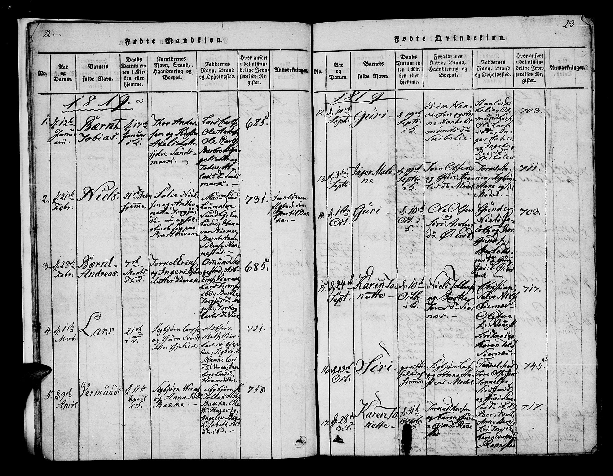 Bakke sokneprestkontor, SAK/1111-0002/F/Fa/Faa/L0003: Parish register (official) no. A 3, 1815-1835, p. 22-23