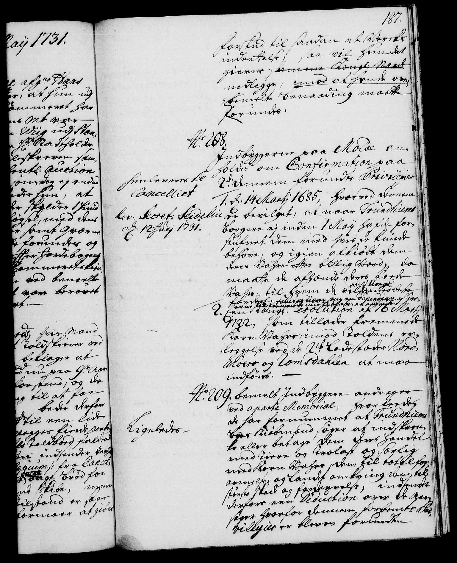 Rentekammeret, Kammerkanselliet, RA/EA-3111/G/Gh/Gha/L0013: Norsk ekstraktmemorialprotokoll (merket RK 53.58), 1731, p. 187