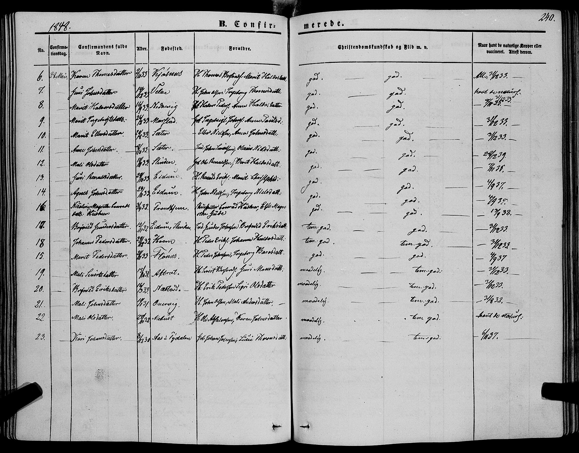 Ministerialprotokoller, klokkerbøker og fødselsregistre - Sør-Trøndelag, AV/SAT-A-1456/695/L1145: Parish register (official) no. 695A06 /1, 1843-1859, p. 240