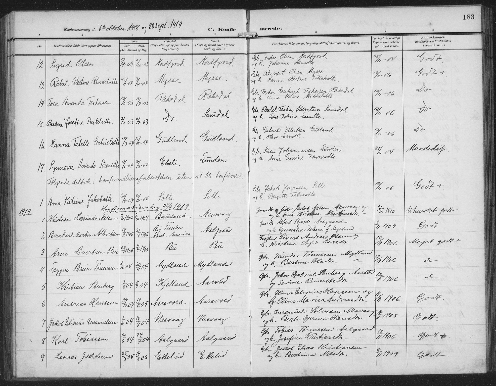 Sokndal sokneprestkontor, AV/SAST-A-101808: Parish register (copy) no. B 8, 1908-1934, p. 183