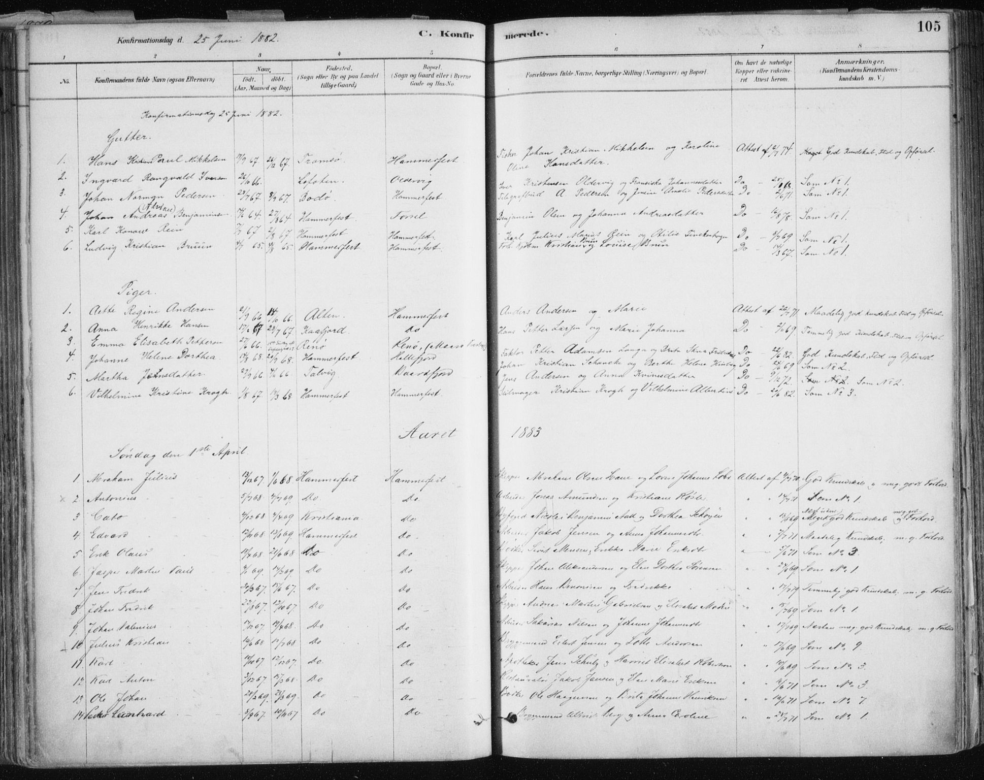 Hammerfest sokneprestkontor, SATØ/S-1347/H/Ha/L0008.kirke: Parish register (official) no. 8, 1878-1889, p. 105