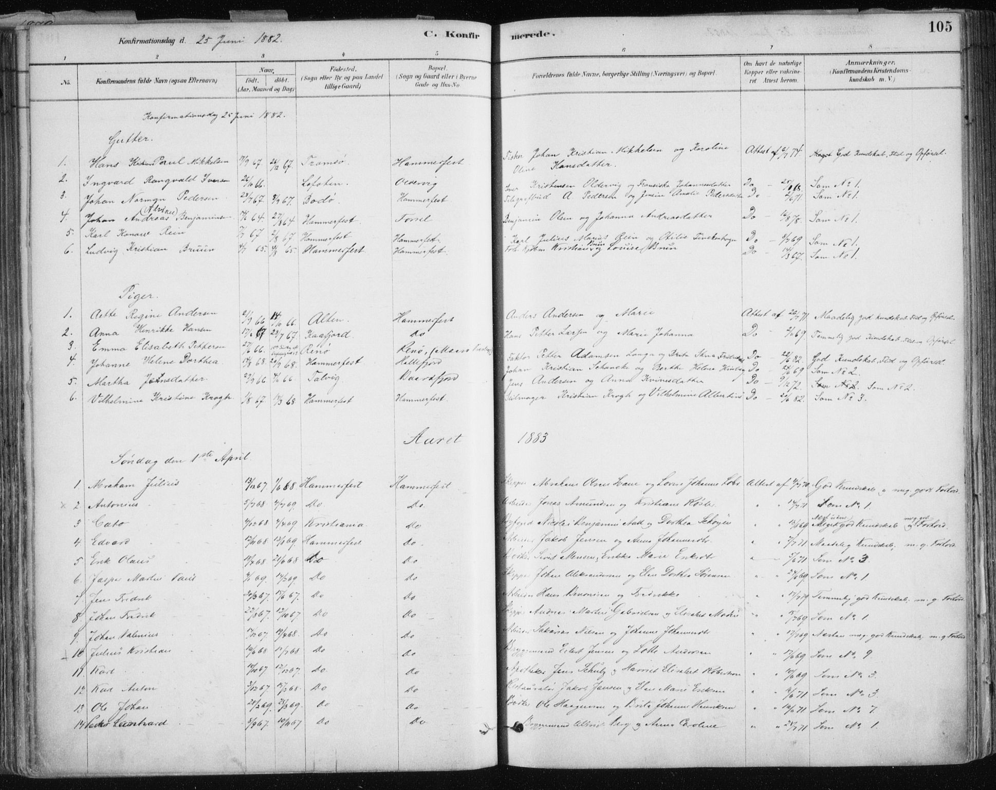 Hammerfest sokneprestkontor, AV/SATØ-S-1347/H/Ha/L0008.kirke: Parish register (official) no. 8, 1878-1889, p. 105