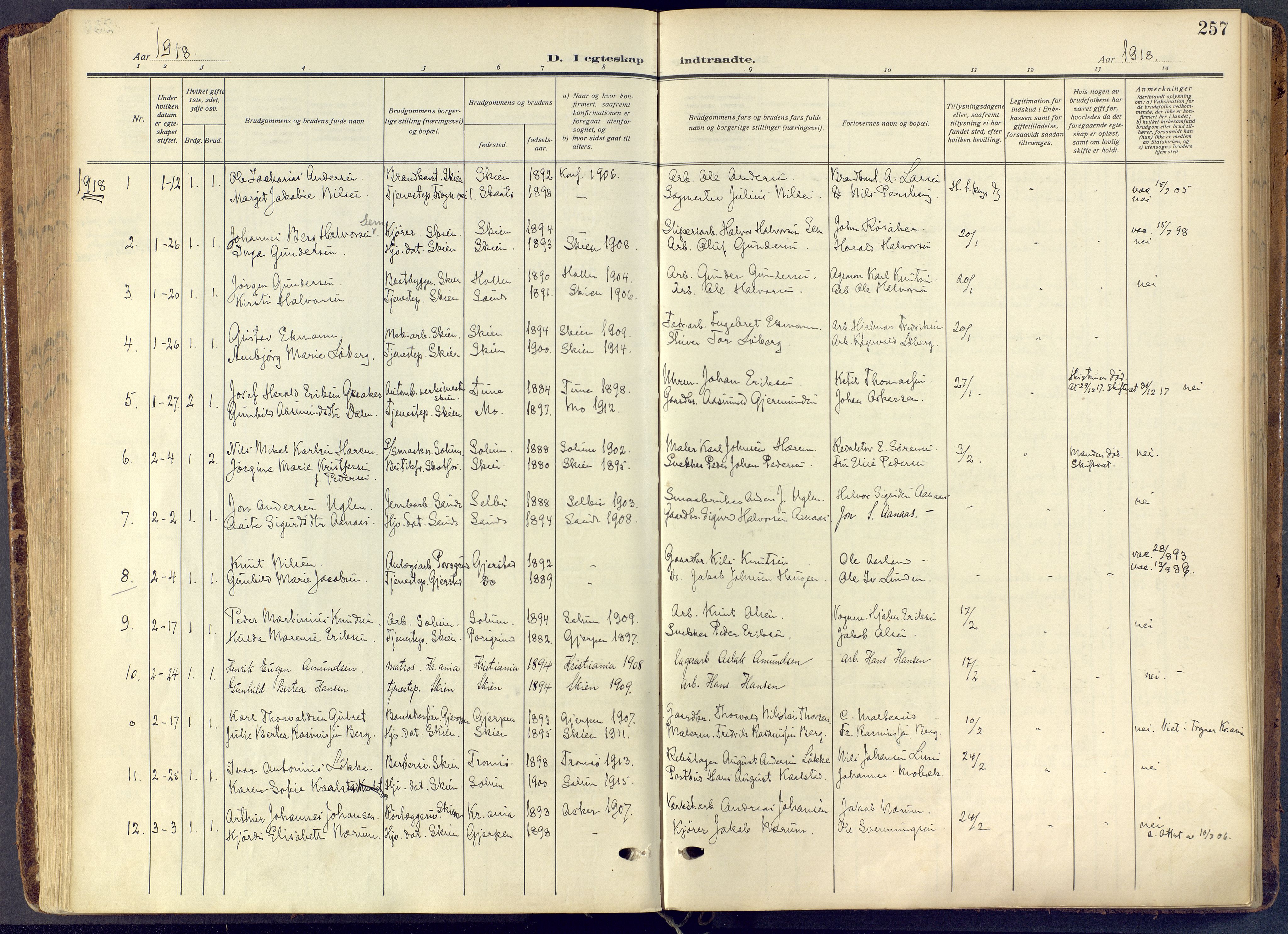 Skien kirkebøker, SAKO/A-302/F/Fa/L0013: Parish register (official) no. 13, 1915-1921, p. 257