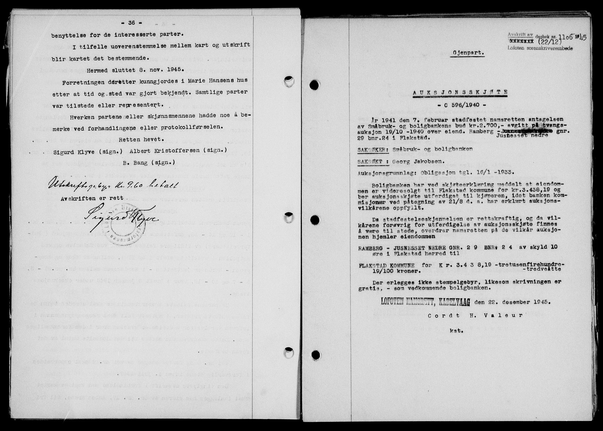 Lofoten sorenskriveri, SAT/A-0017/1/2/2C/L0013a: Mortgage book no. 13a, 1944-1946, Diary no: : 1106/1945