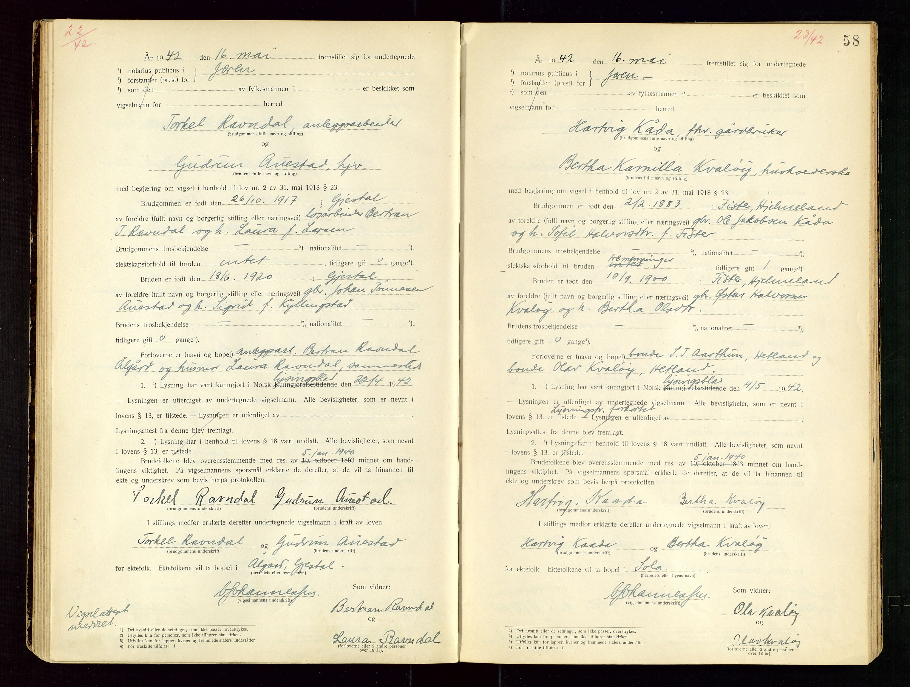 Jæren sorenskriveri, AV/SAST-A-100310/01/6/62/62BA/L0002: VIGSELSPROTOKOLL, 1937-1942, p. 58