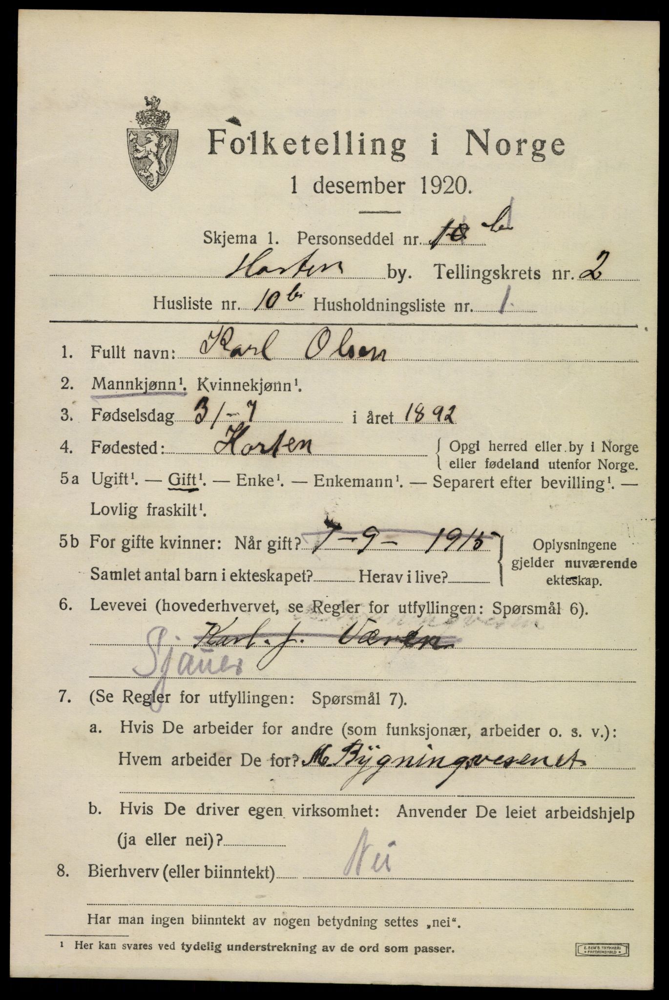 SAKO, 1920 census for Horten, 1920, p. 10321