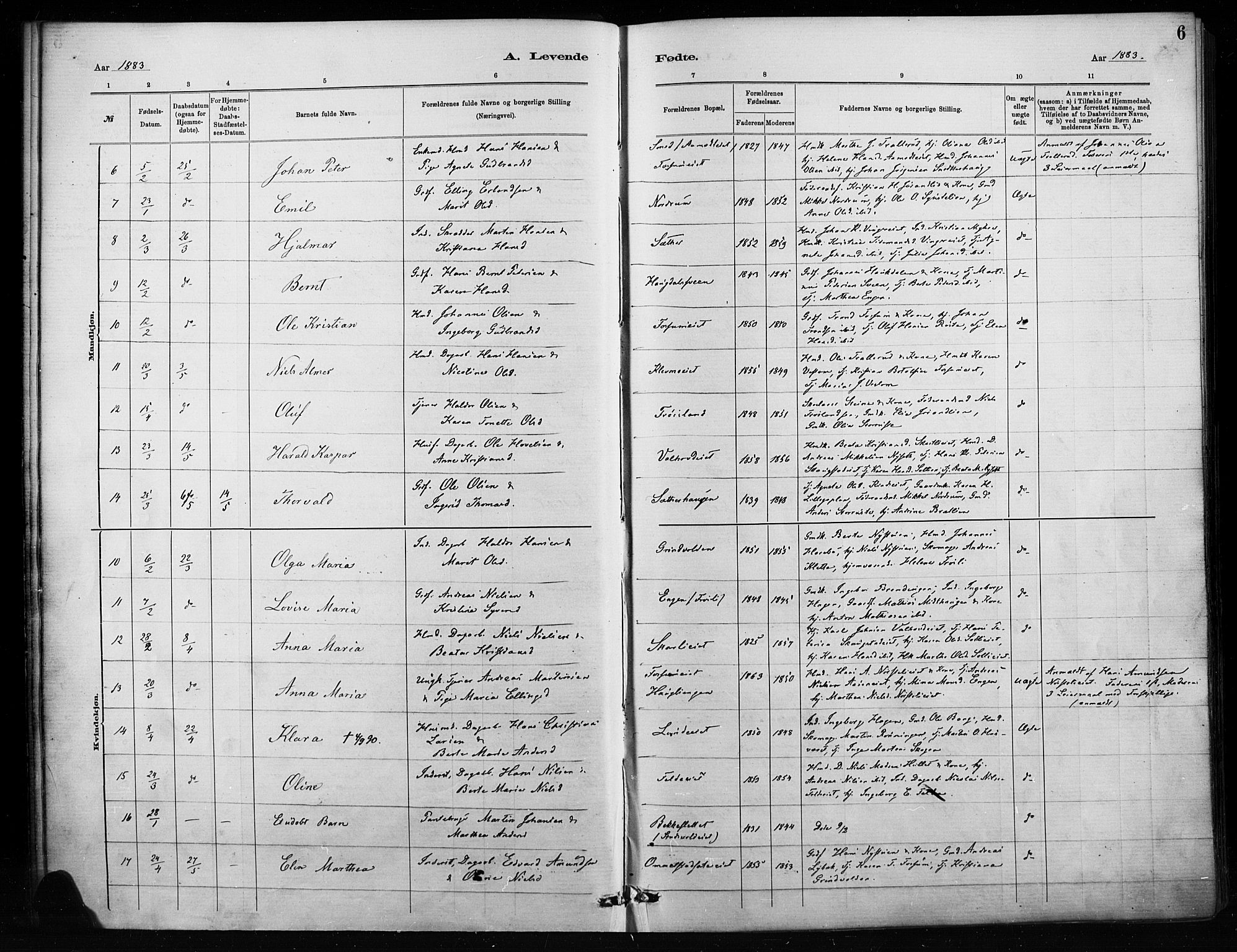 Nordre Land prestekontor, AV/SAH-PREST-124/H/Ha/Haa/L0004: Parish register (official) no. 4, 1882-1896, p. 6