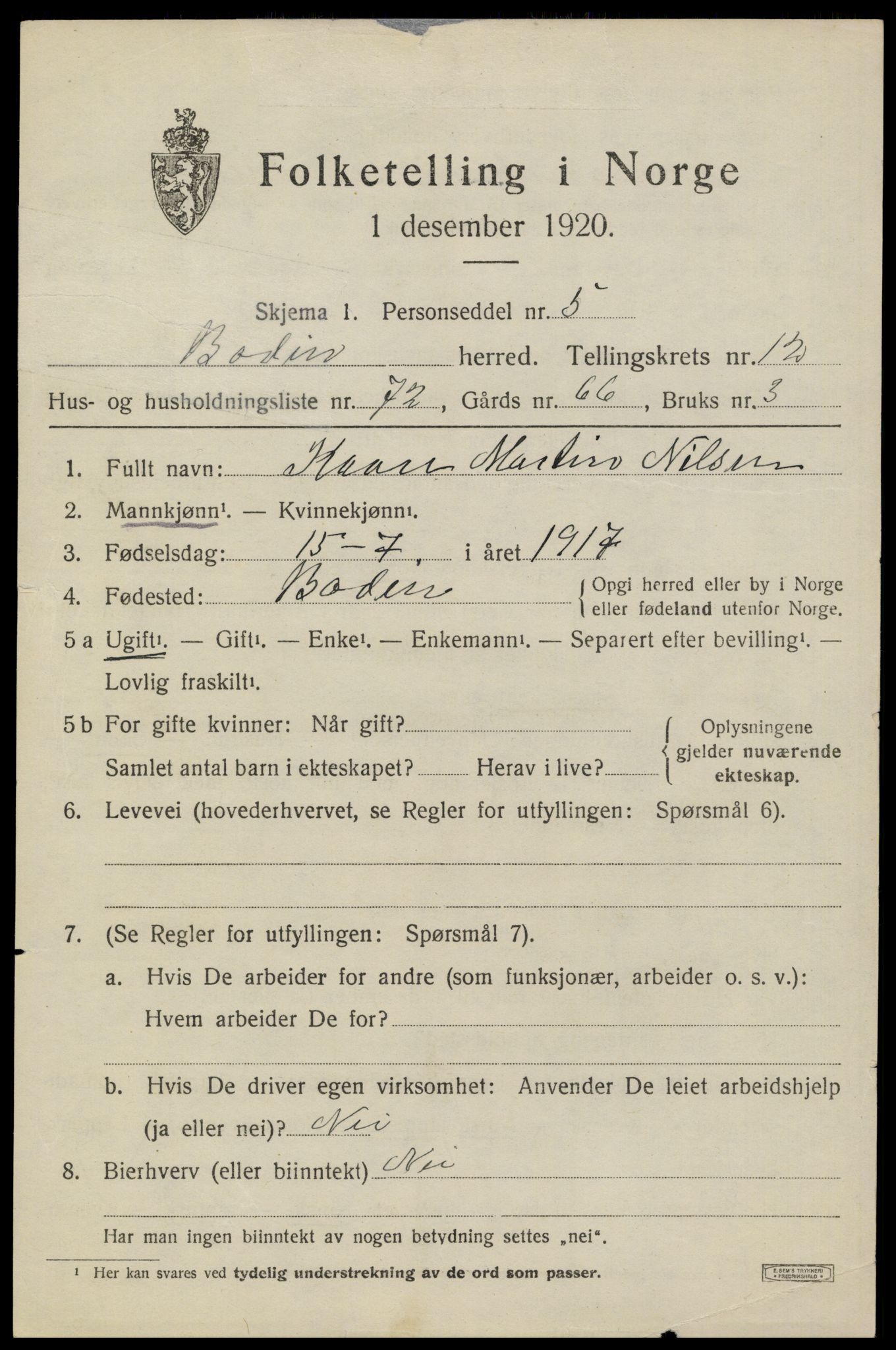 SAT, 1920 census for Bodin, 1920, p. 9314