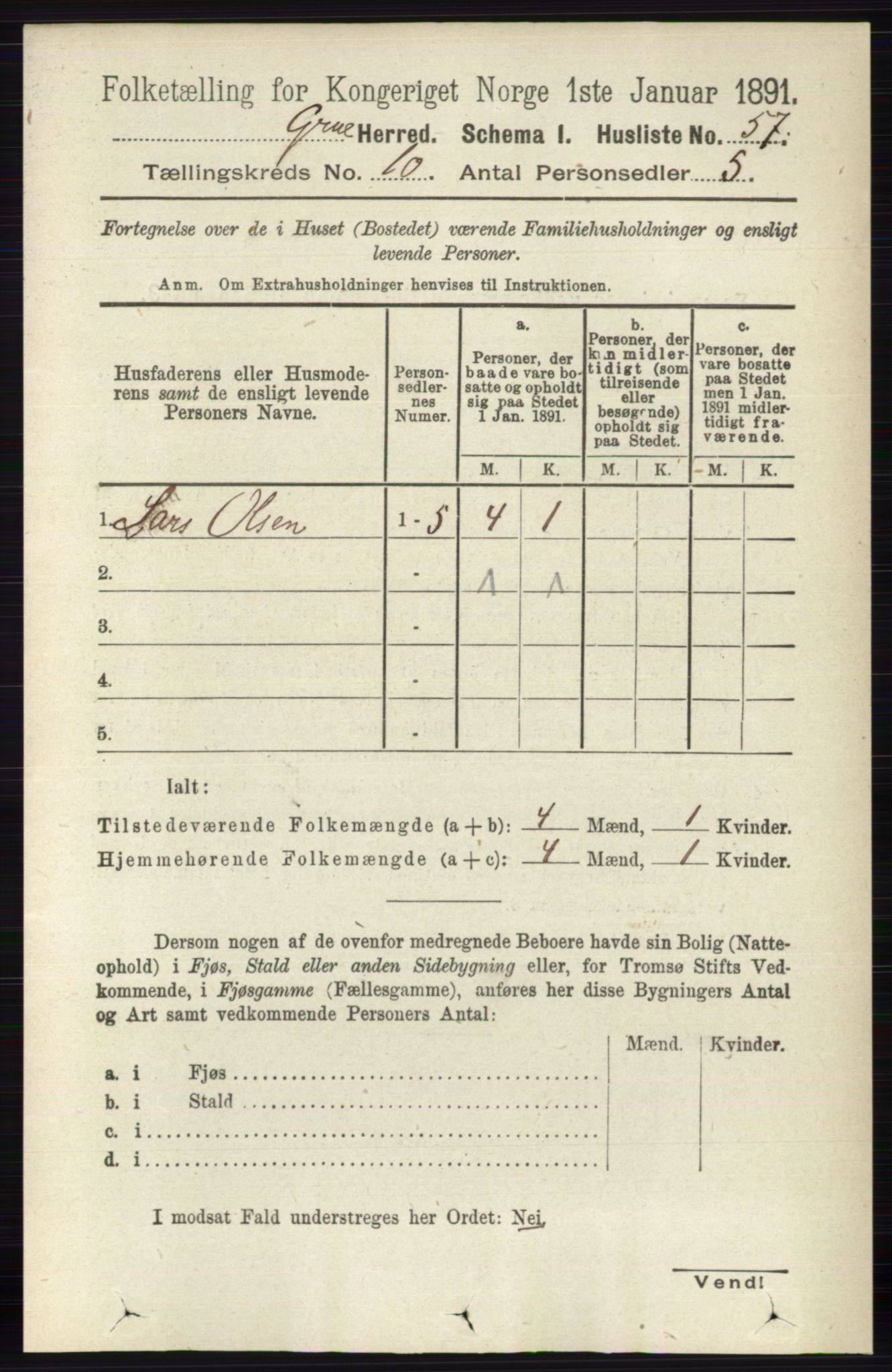 RA, 1891 census for 0423 Grue, 1891, p. 5348