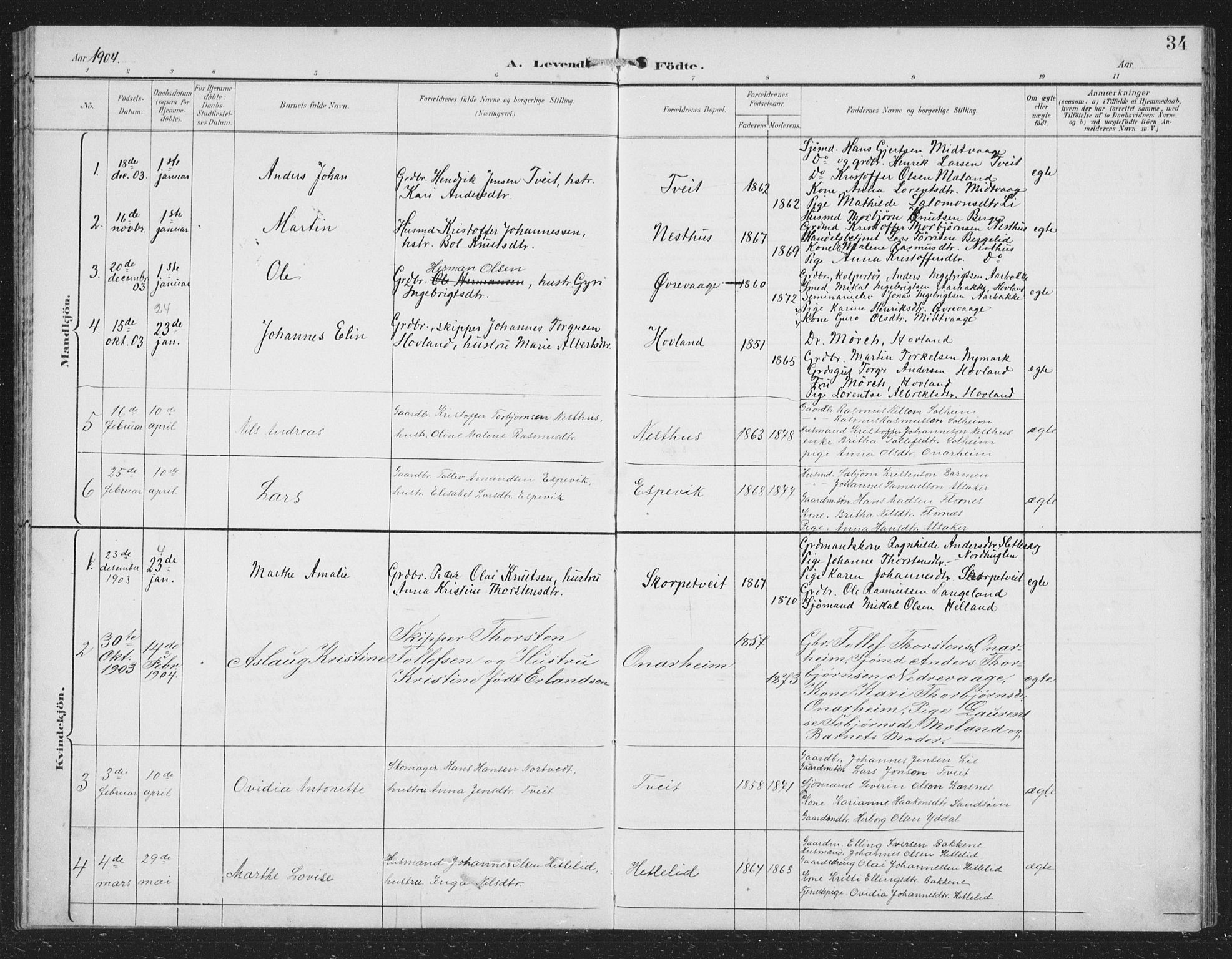 Tysnes sokneprestembete, SAB/A-78601/H/Hab: Parish register (copy) no. C 2, 1896-1907, p. 34
