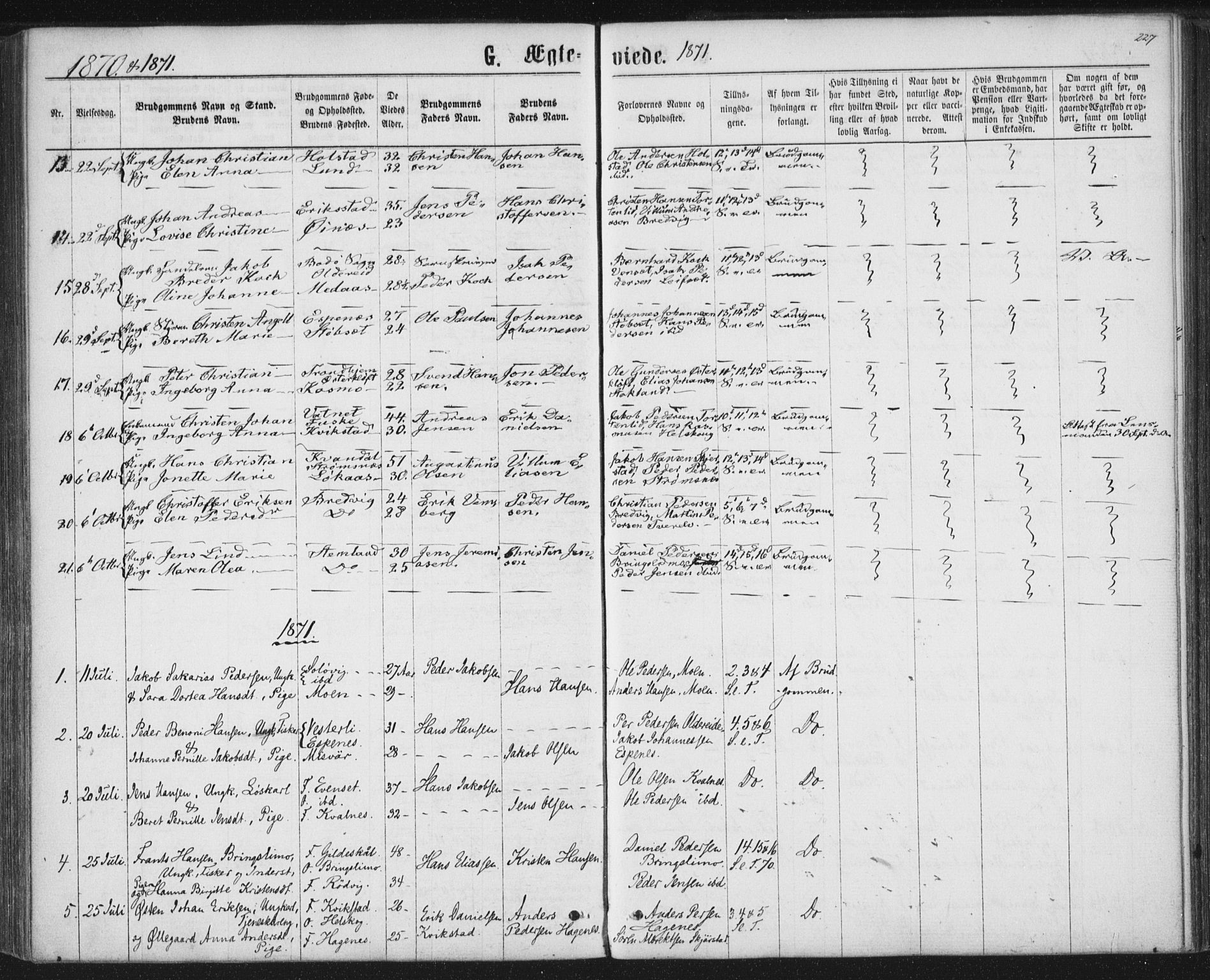 Ministerialprotokoller, klokkerbøker og fødselsregistre - Nordland, SAT/A-1459/852/L0739: Parish register (official) no. 852A09, 1866-1877, p. 227