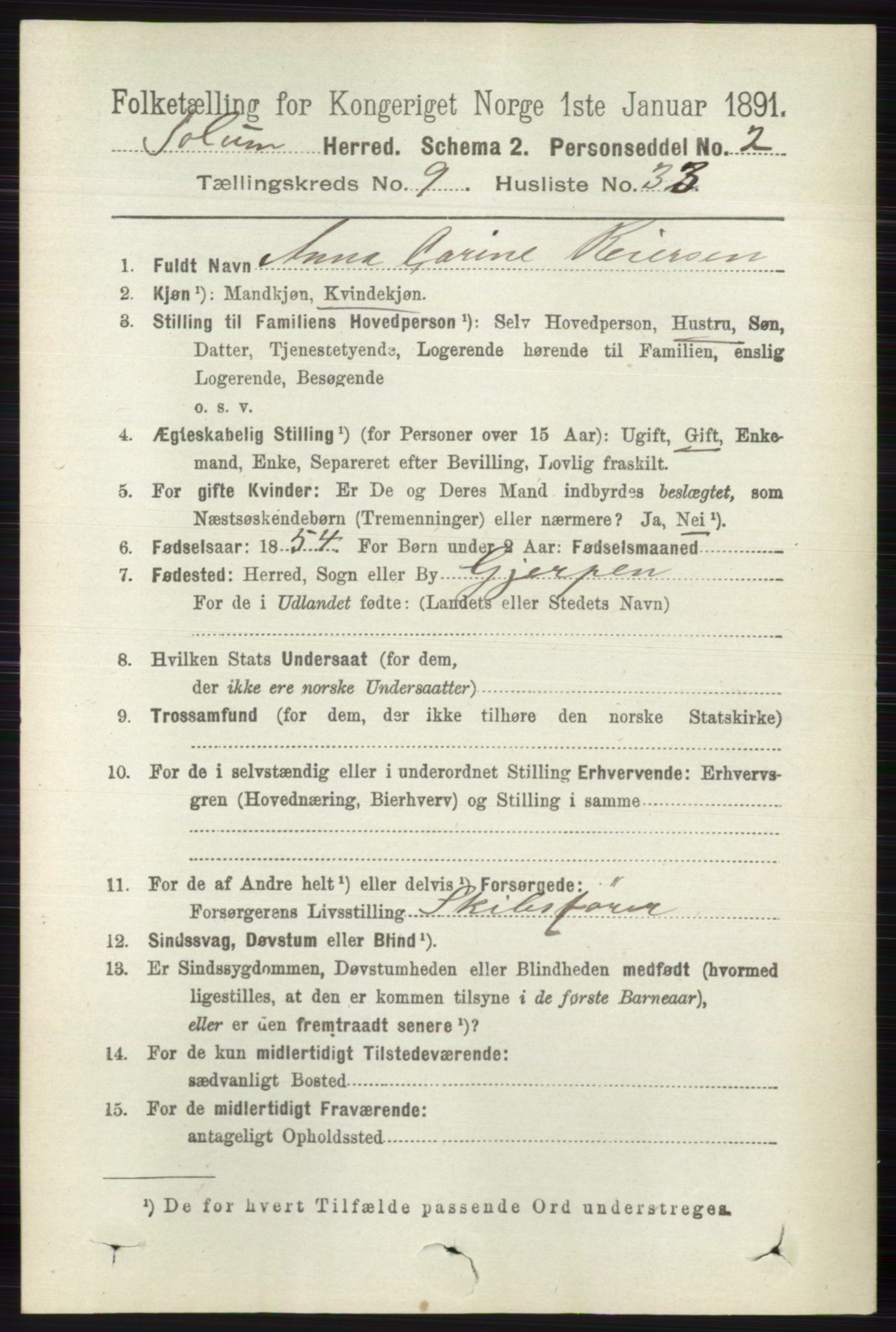 RA, 1891 census for 0818 Solum, 1891, p. 2189