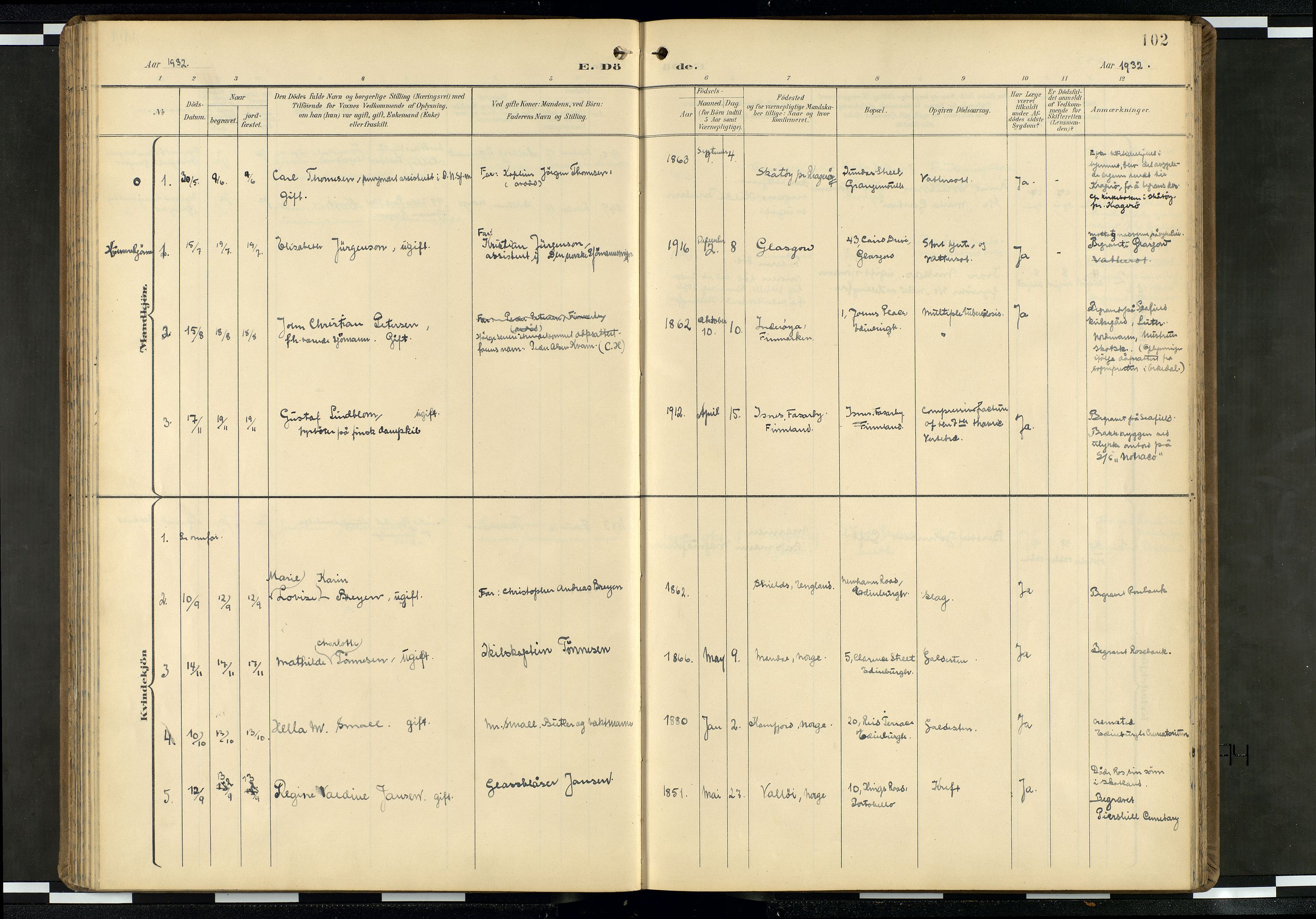 Den norske sjømannsmisjon i utlandet/Skotske havner (Leith, Glasgow), SAB/SAB/PA-0100/H/Ha/Haa/L0004: Parish register (official) no. A 4, 1899-1949, p. 101b-102a