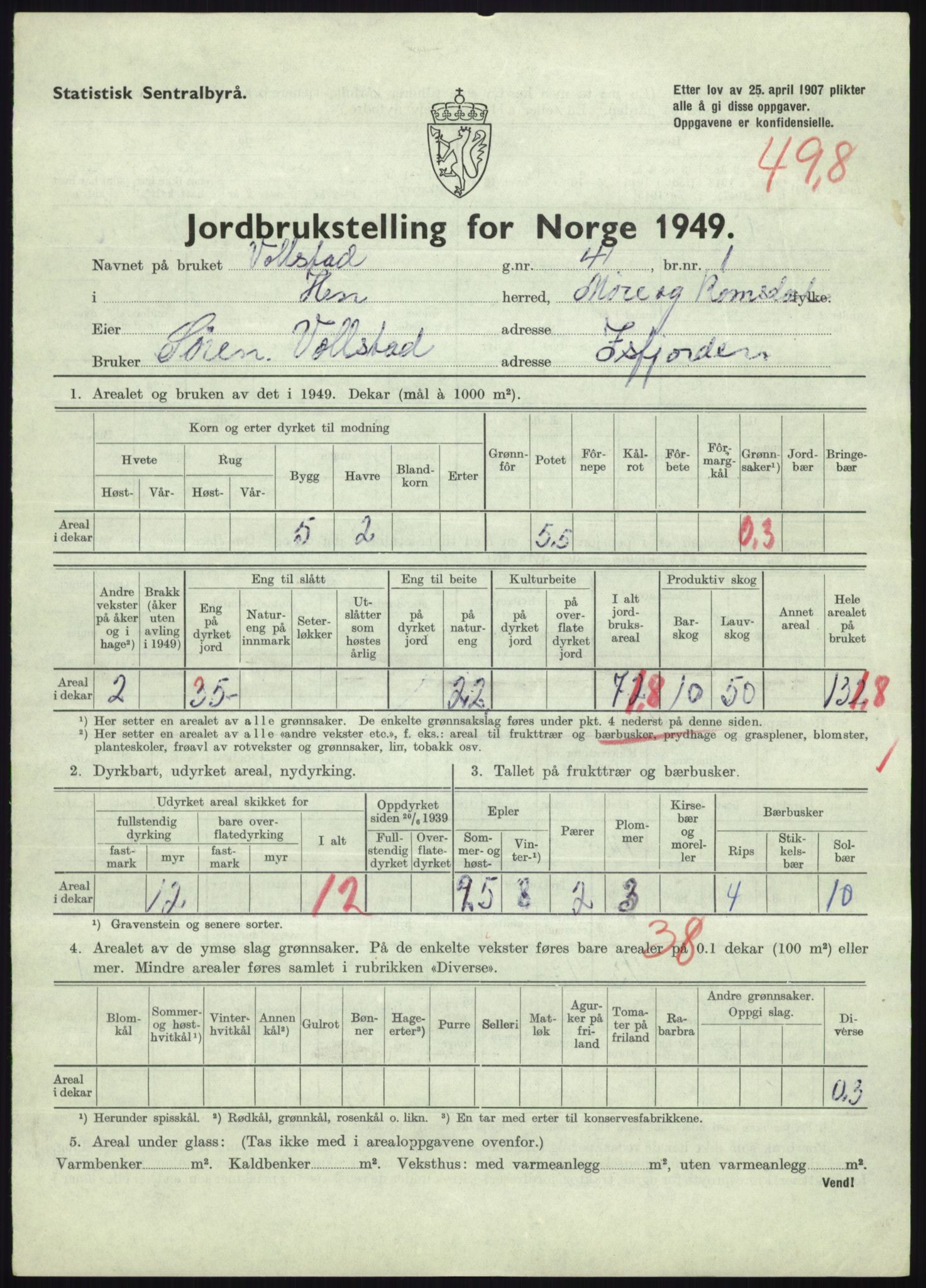 Statistisk sentralbyrå, Næringsøkonomiske emner, Jordbruk, skogbruk, jakt, fiske og fangst, AV/RA-S-2234/G/Gc/L0323: Møre og Romsdal: Grytten og Hen, 1949, p. 817