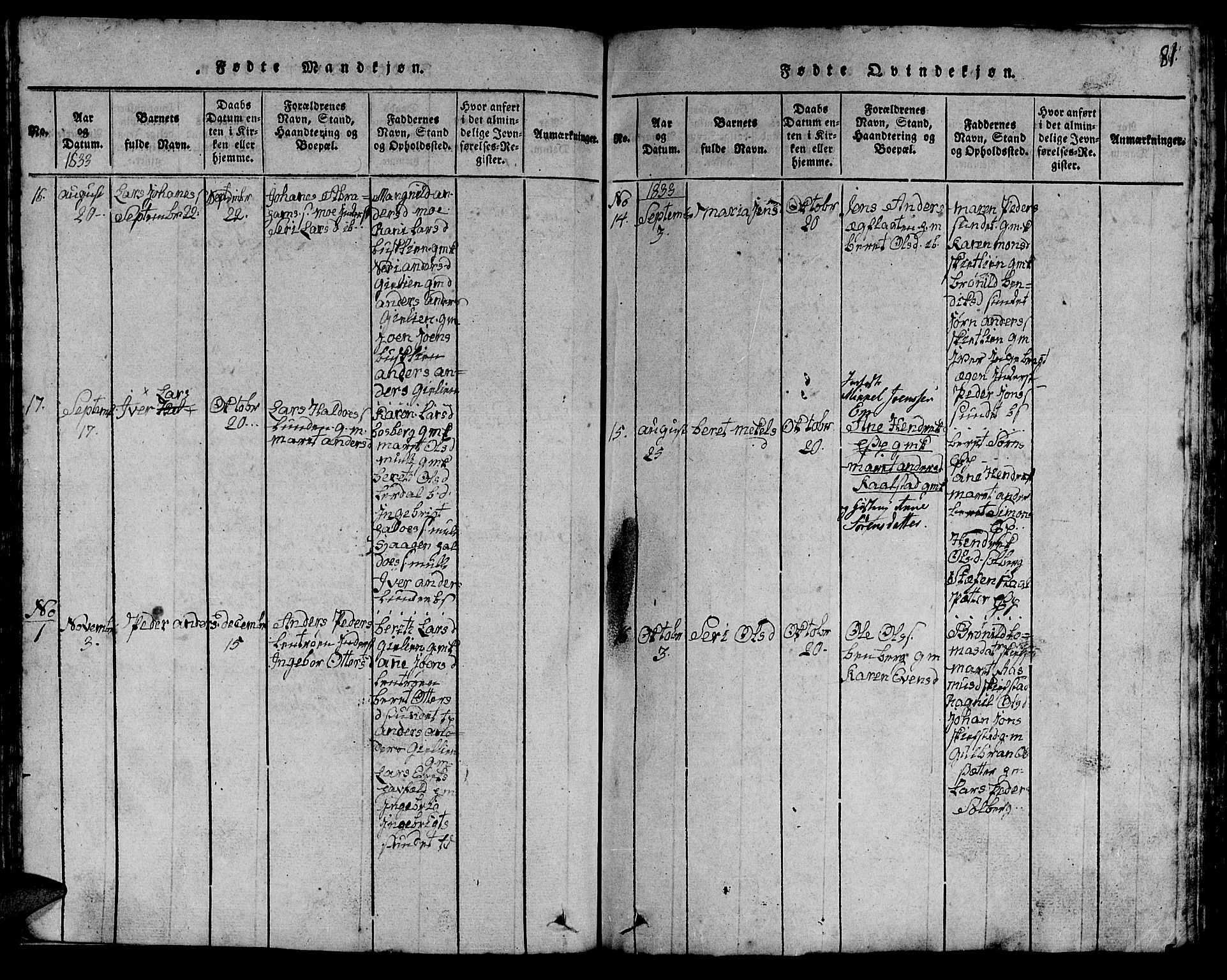 Ministerialprotokoller, klokkerbøker og fødselsregistre - Sør-Trøndelag, SAT/A-1456/613/L0393: Parish register (copy) no. 613C01, 1816-1886, p. 81