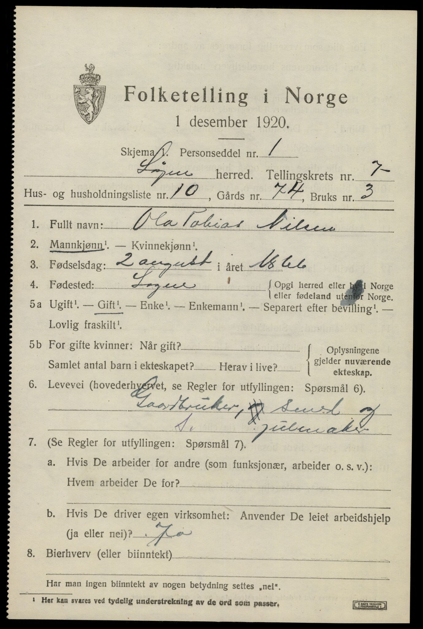 SAK, 1920 census for Søgne, 1920, p. 3569