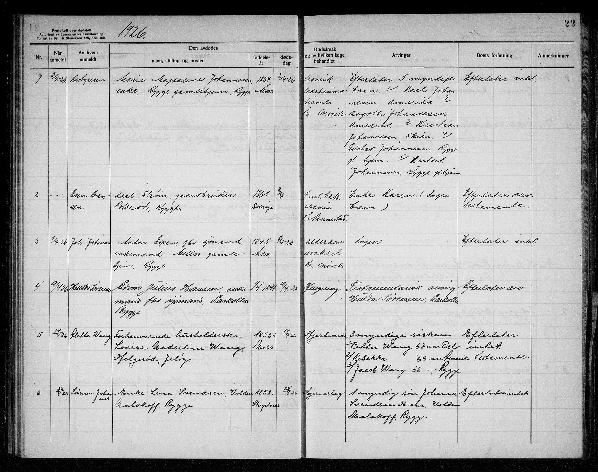 Rygge lensmannskontor, AV/SAO-A-10005/H/Ha/Haa/L0008: Dødsfallsprotokoll, 1925-1929, p. 22