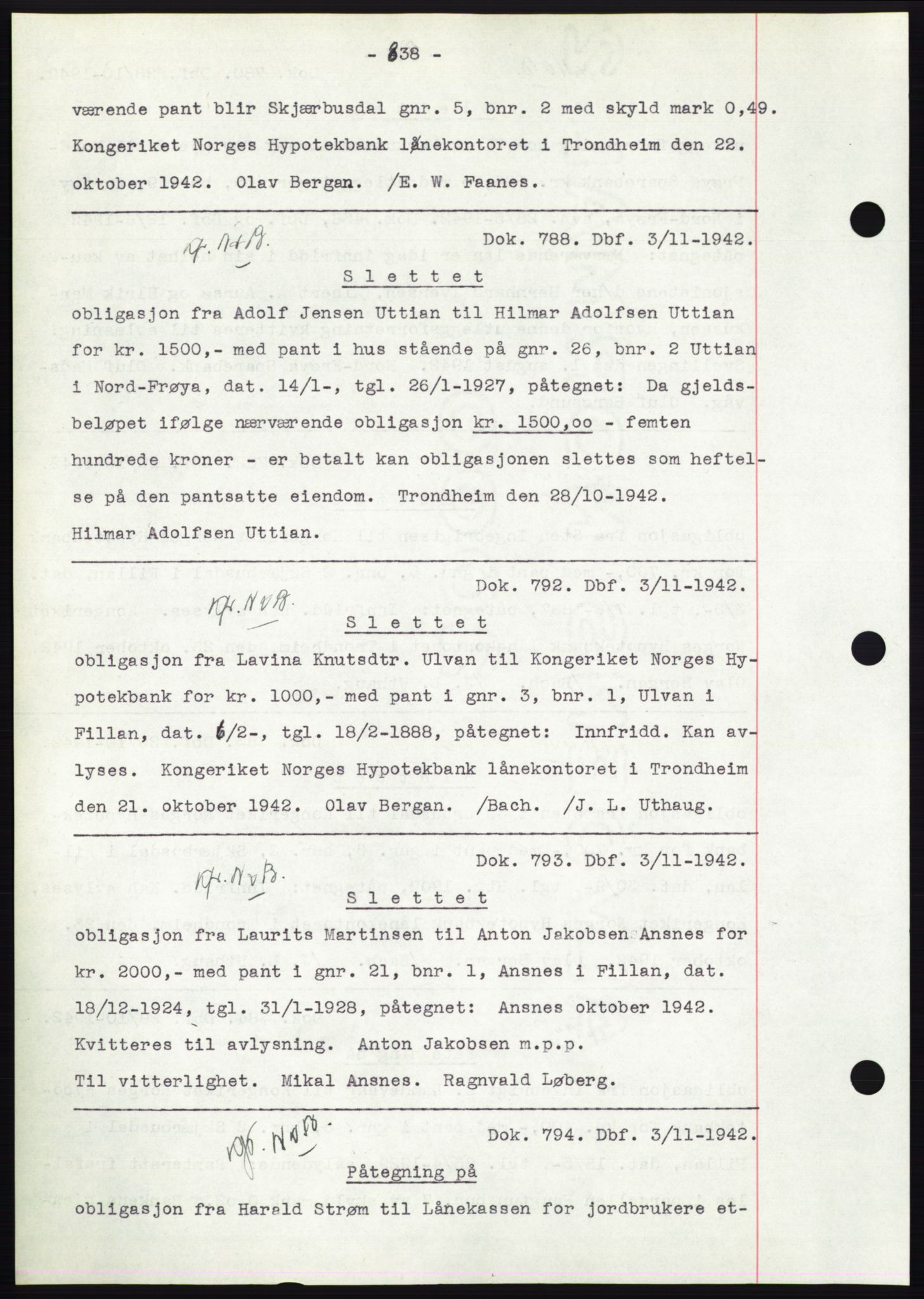 Hitra sorenskriveri, AV/SAT-A-0018/2/2C/2Ca: Mortgage book no. C1, 1936-1945, Diary no: : 788/1942