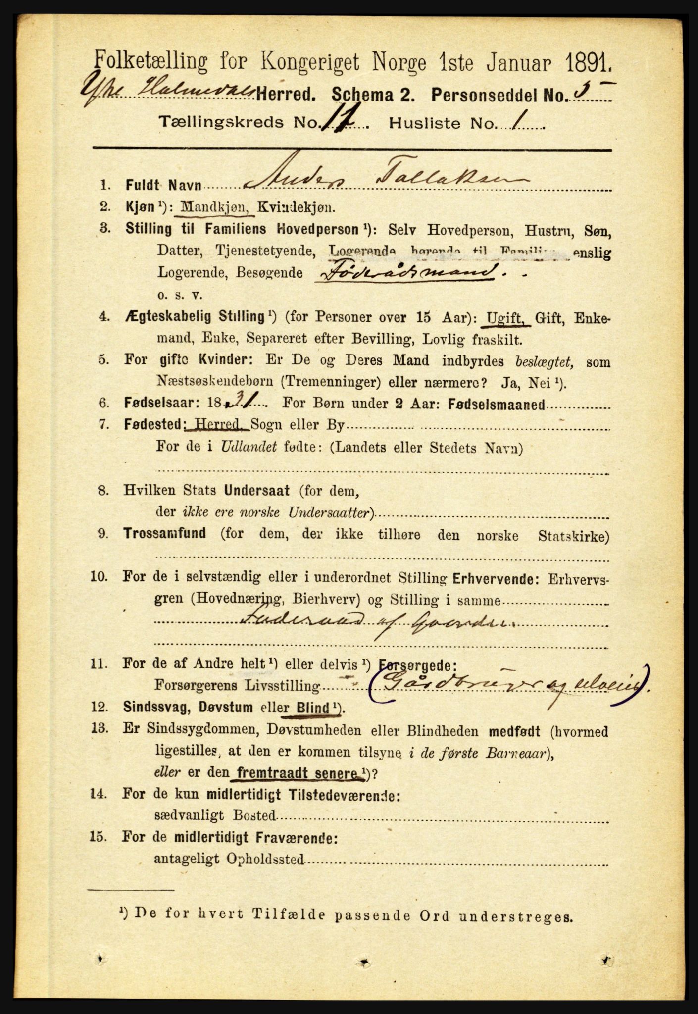 RA, 1891 census for 1429 Ytre Holmedal, 1891, p. 2790