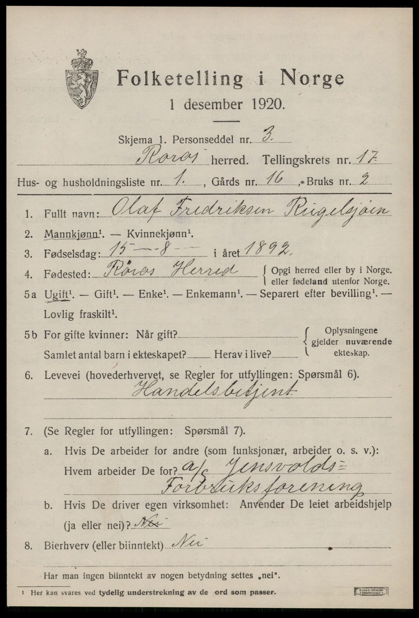 SAT, 1920 census for Røros, 1920, p. 11586