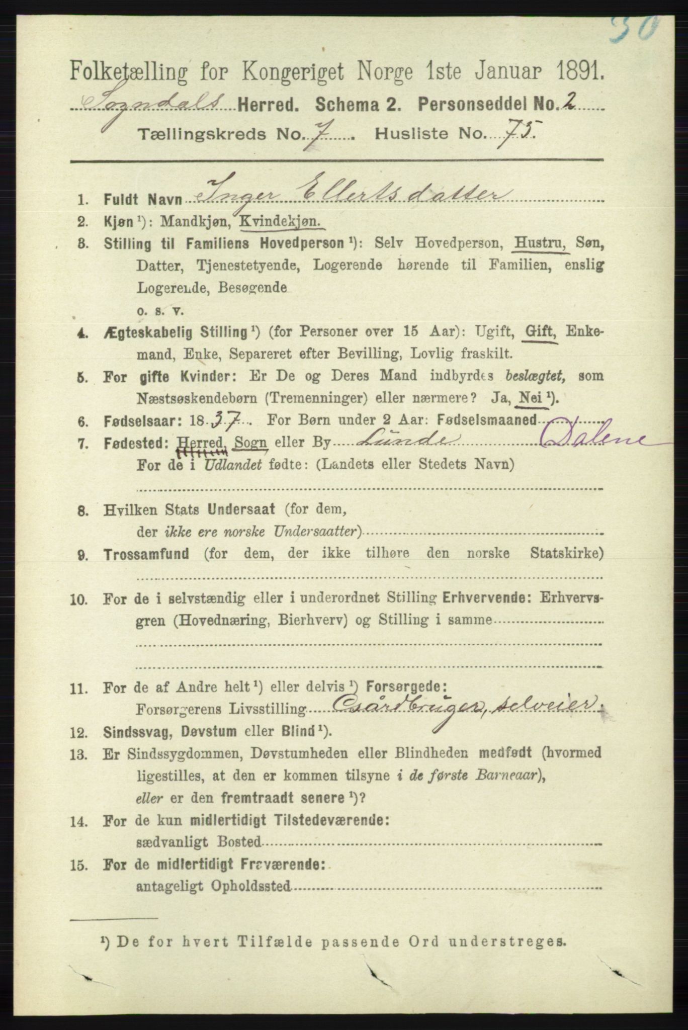 RA, 1891 census for 1111 Sokndal, 1891, p. 2590